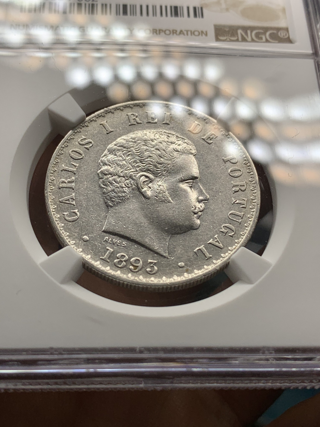《竞宝斋》钱币微拍-第24场-本周日，周一2场连拍（全场顺丰包邮） NGC 评级 葡萄牙1893年 卡洛斯一世 500瑞斯 银币 半元型 发丝清晰 正面光度十足背面原味包浆