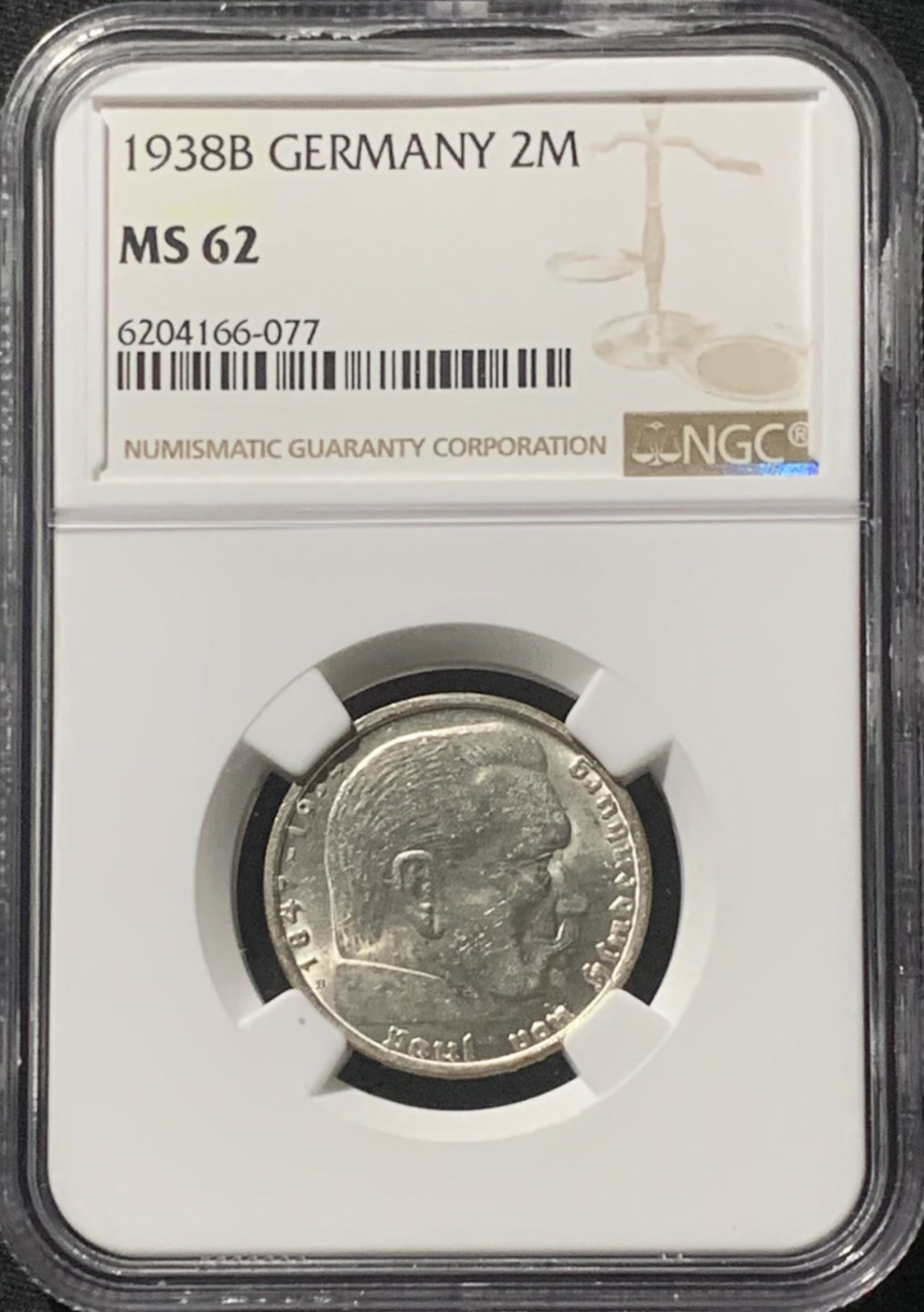 紫瑗钱币——第162期拍卖 德国 1938年 B版 兴登堡 字符版 2马克 银币 NGC MS62