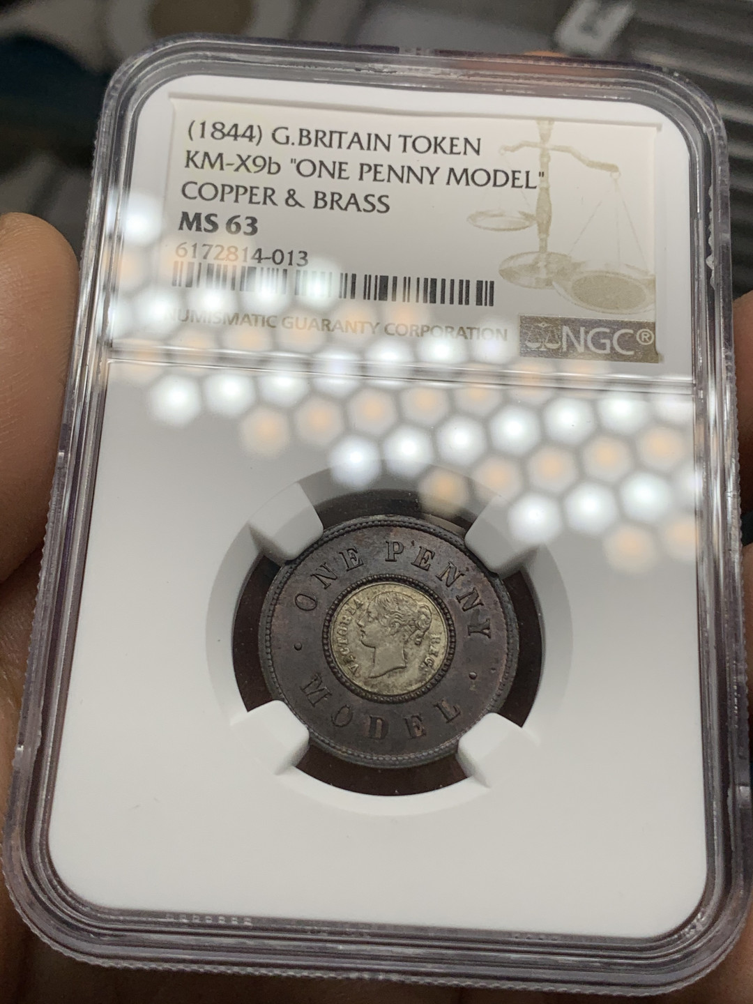 《竞宝斋》钱币微拍-第24场-本周日，周一2场连拍（全场顺丰包邮） NGC MS63英国1844年双色便士 63亚军分，64仅有一枚