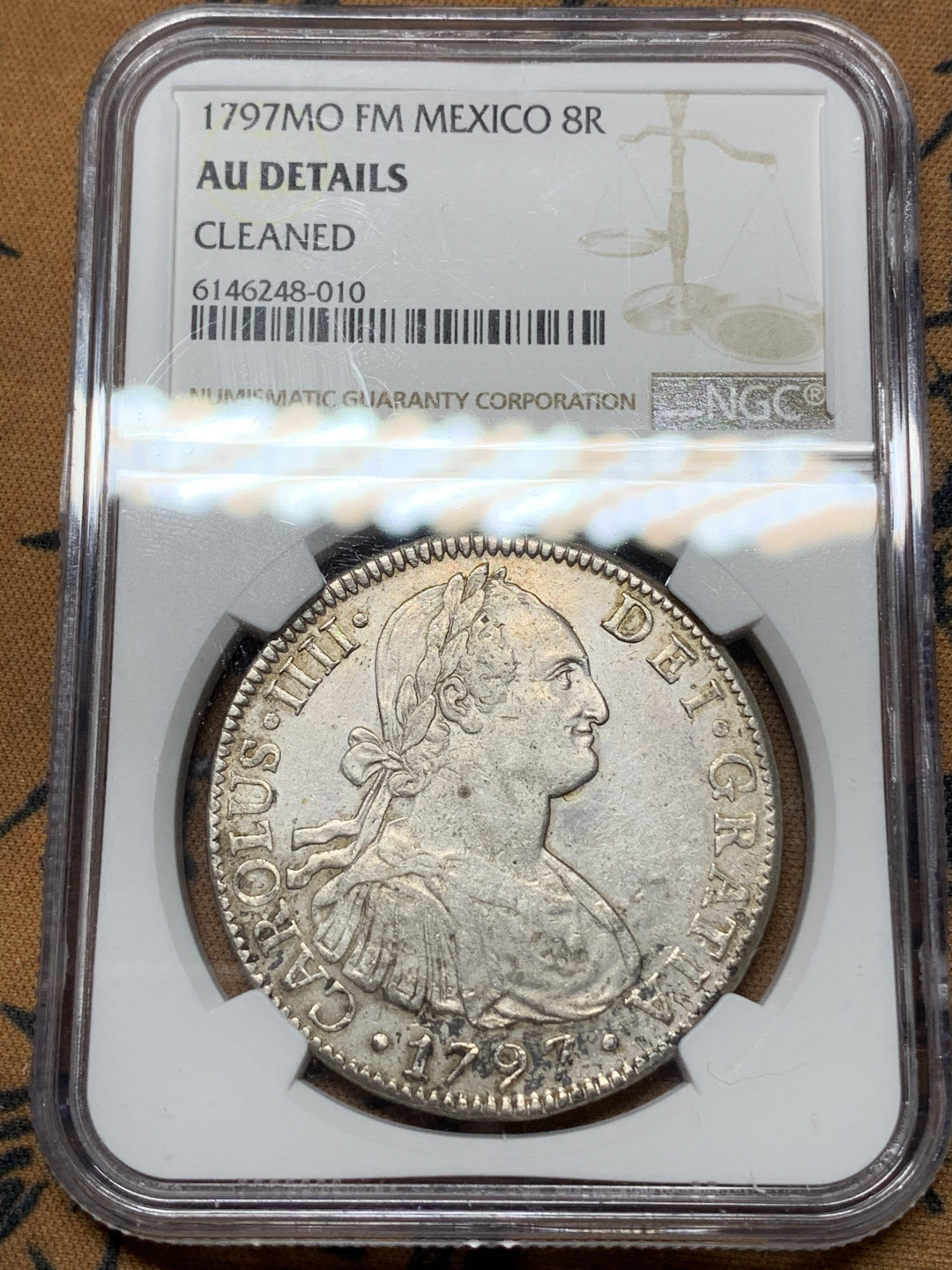 《竞宝斋》钱币微拍-第24场-本周日，周一2场连拍（全场顺丰包邮） NGC-AUD 墨西哥 1797年 8 里亚尔  人像双柱卡洛斯四世  银币      原味