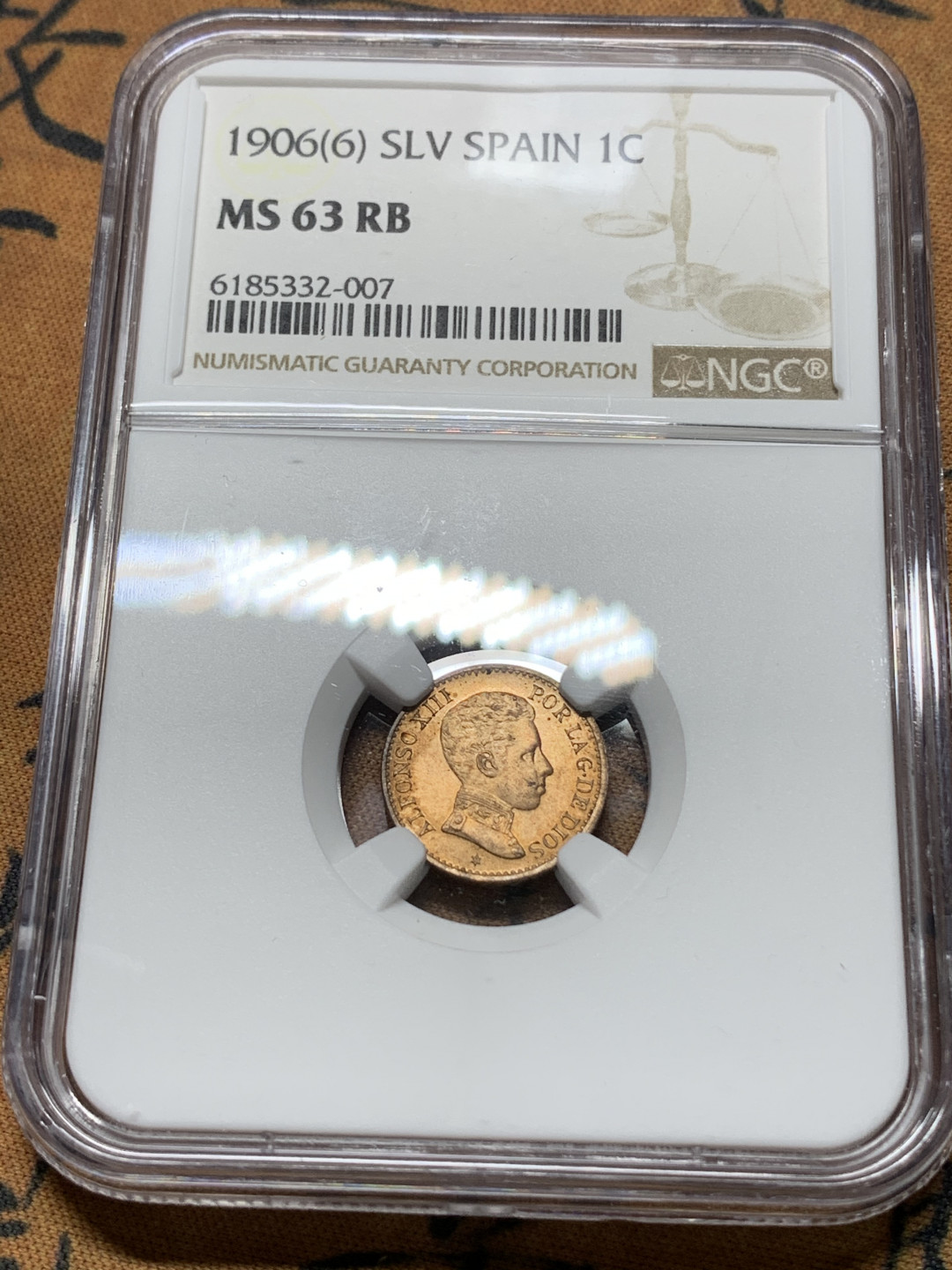 《竞宝斋》钱币微拍-第24场-本周日，周一2场连拍（全场顺丰包邮） NGC-MS63 RB 西班牙 1906年 阿方索十三世 1分铜币 无可挑剔的细节