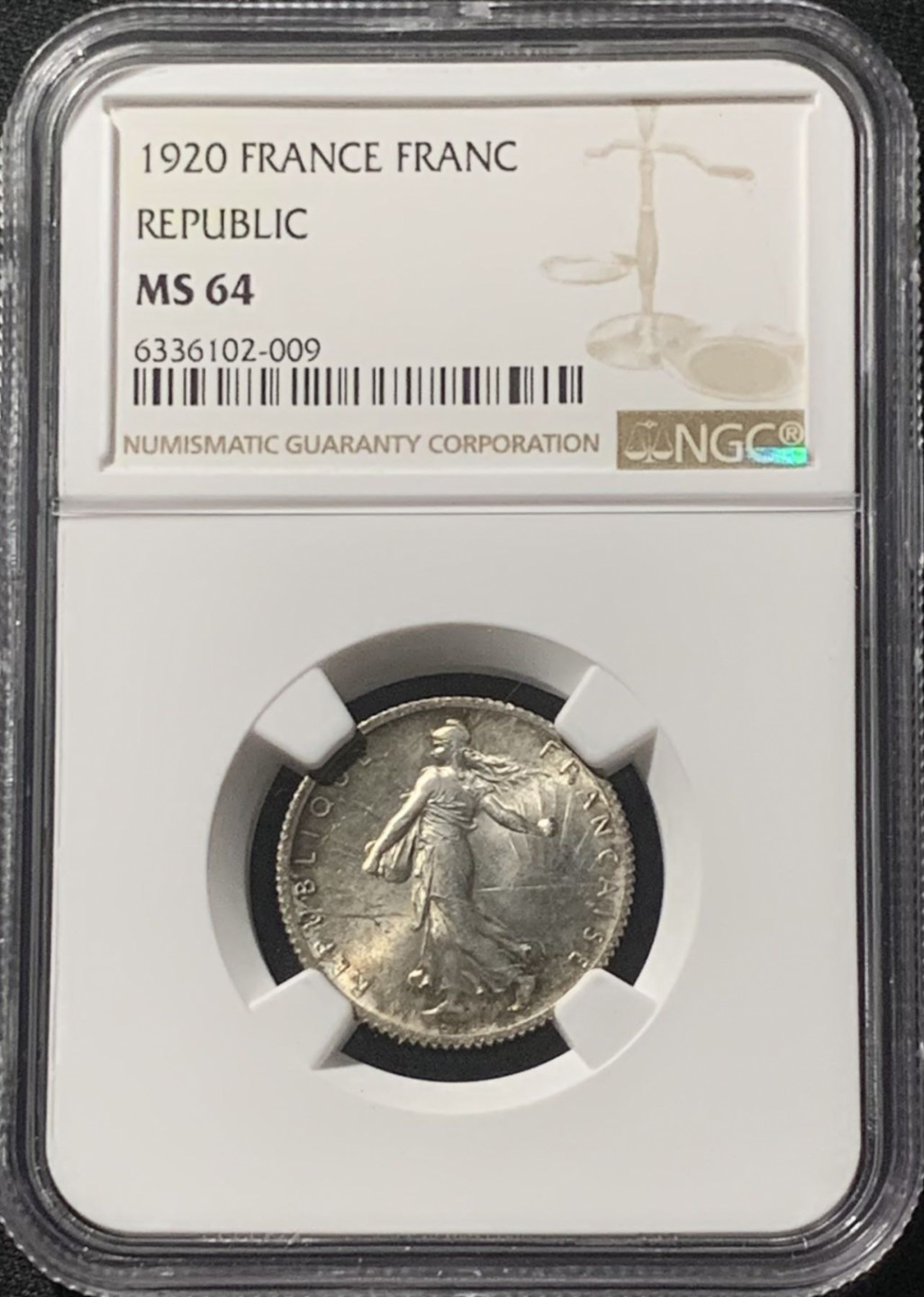 紫瑗钱币——第162期拍卖 法国 1920年 播种女神 1法郎 银币 NGC MS64