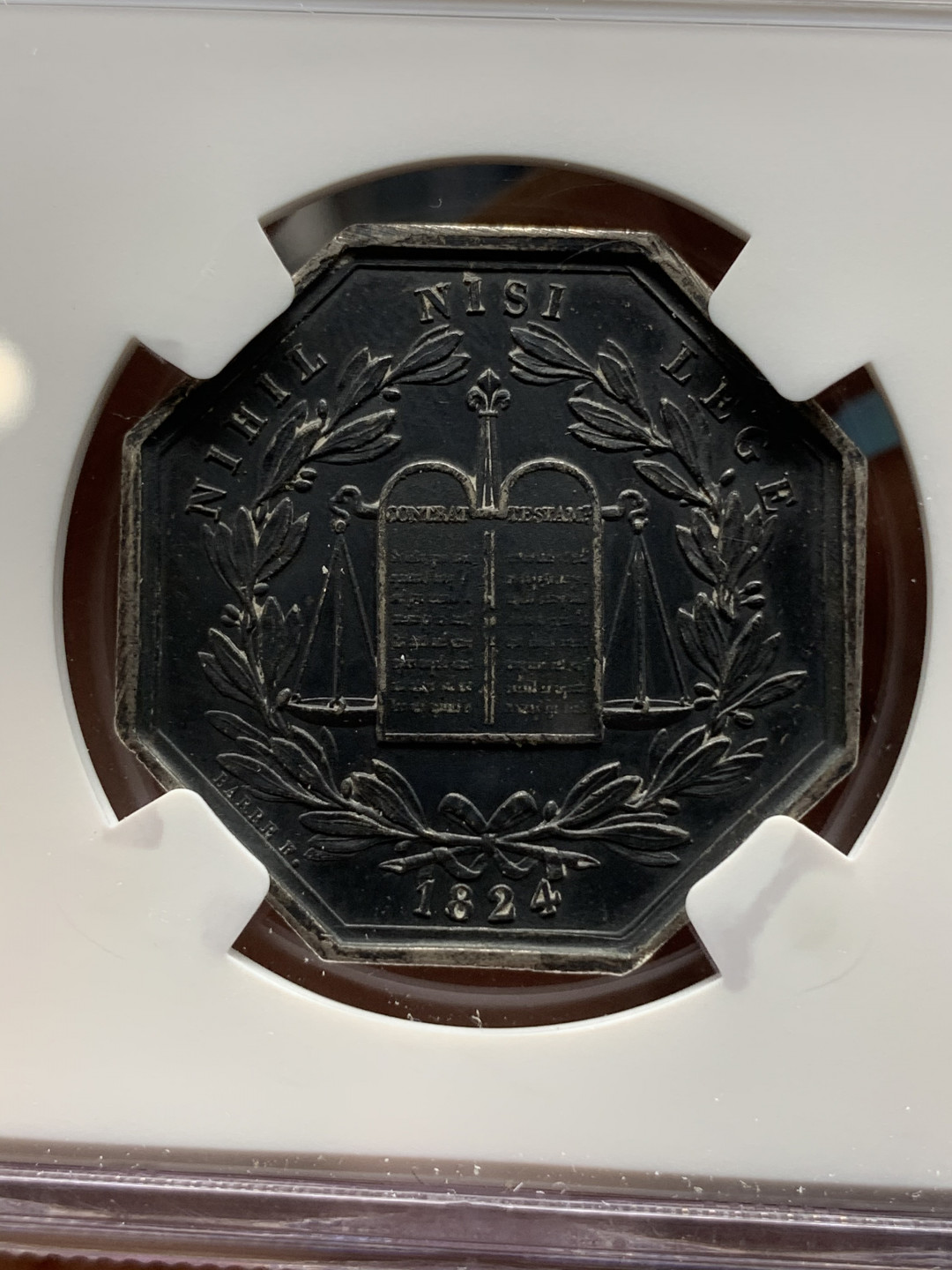 《竞宝斋》钱币微拍-第24场-本周日，周一2场连拍（全场顺丰包邮） NGC-MS61 法国 1826-28年 握手-塞纳河和马恩河公证局 JETON 八角银币 老包浆细节一流