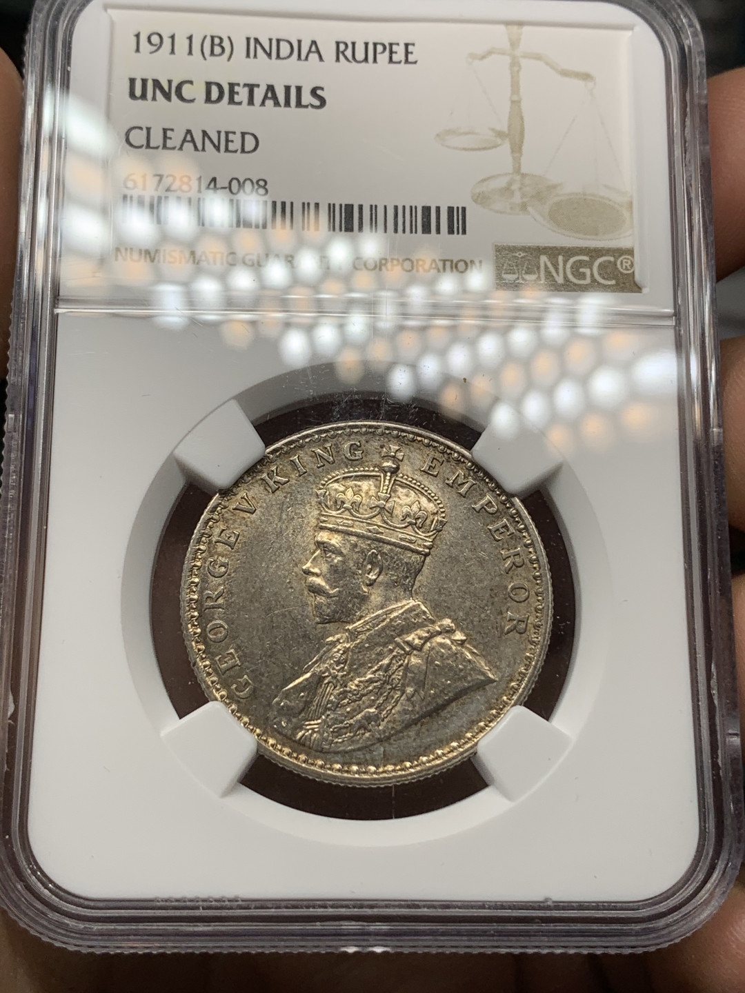 《竞宝斋》钱币微拍-第24场-本周日，周一2场连拍（全场顺丰包邮） NGC UNCD印度1911年猪卢比银币 发行当年即回炉销毁，存世不多