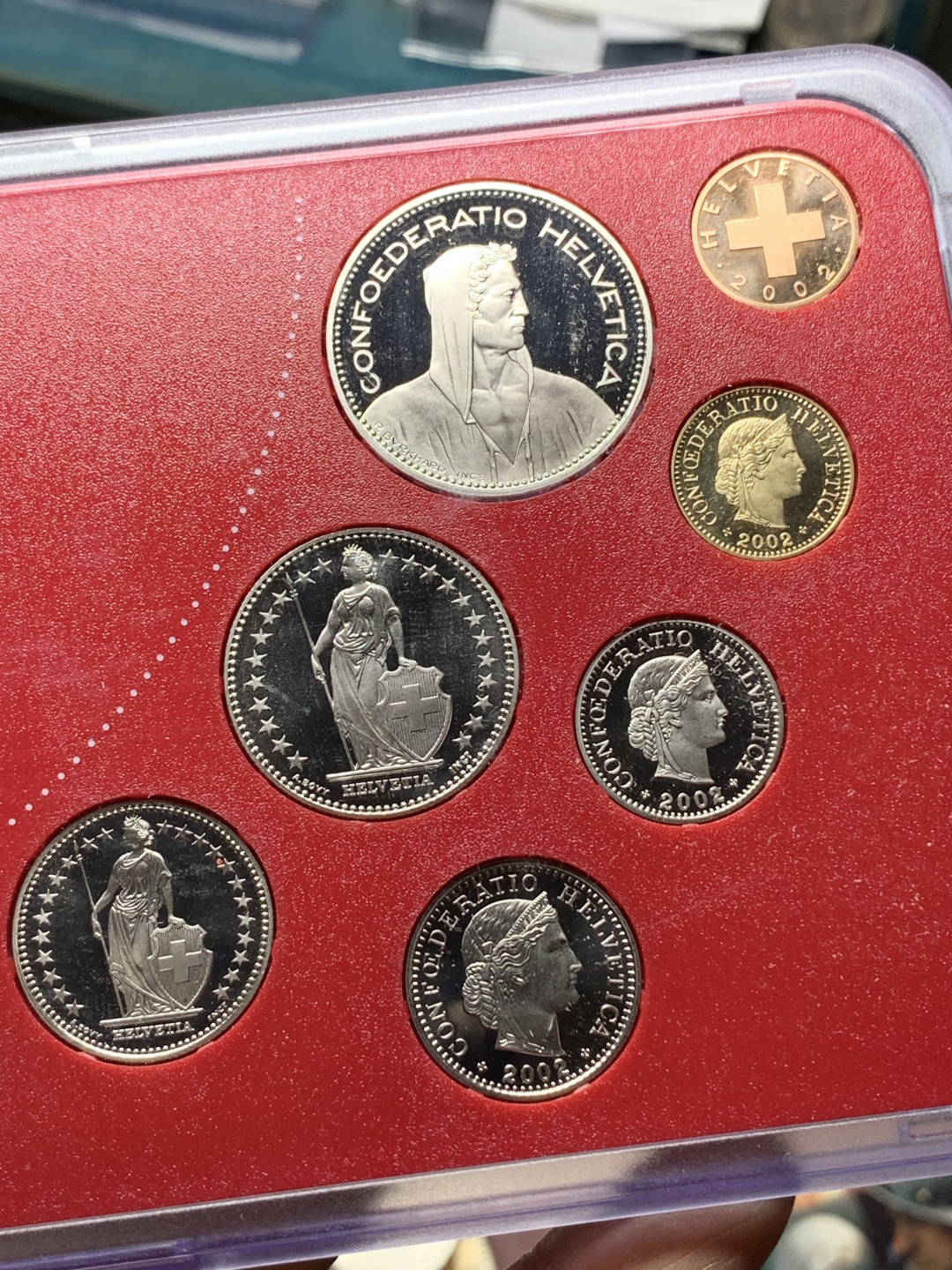 《竞宝斋》钱币微拍-第24场-本周日，周一2场连拍（全场顺丰包邮） 瑞士 2002年 少见 原装塑盒 全套9枚 带双金属 套币