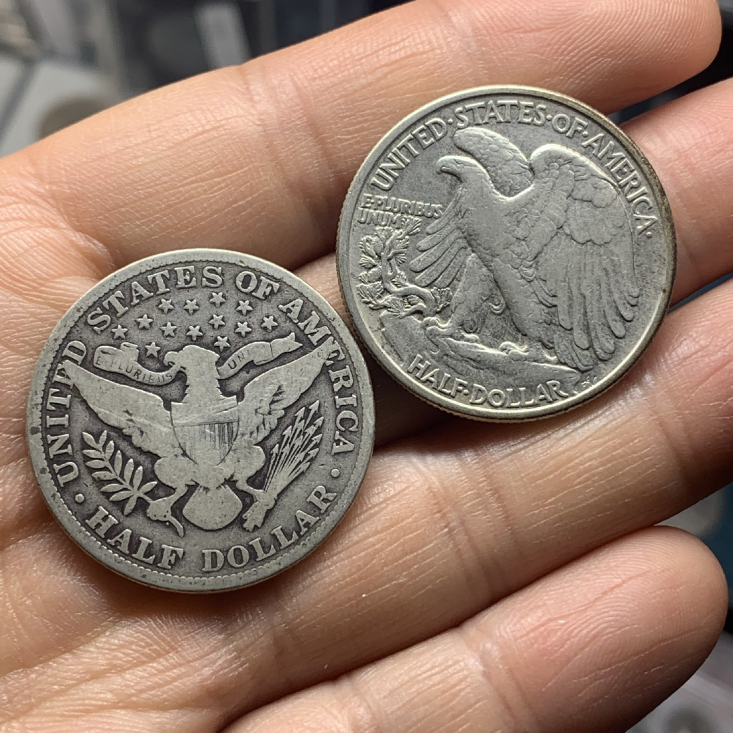 《竞宝斋》钱币微拍-第24场-本周日，周一2场连拍（全场顺丰包邮） 美国 早期半元银币一对 （1912年半美元+1937年行走半美元）