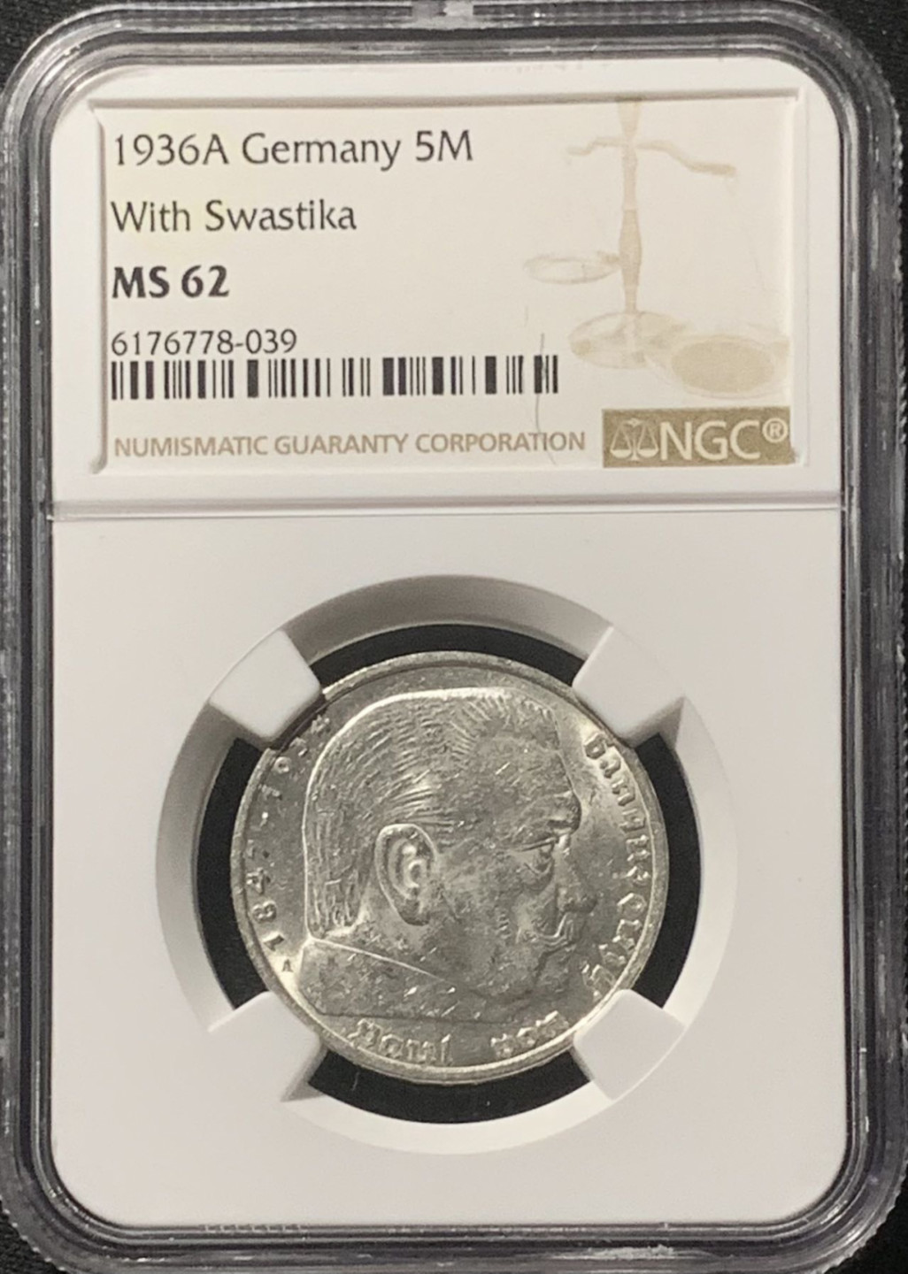 紫瑗钱币——第162期拍卖 德国 1936年 A版 兴登堡 字符版 5马克 银币 NGC MS62