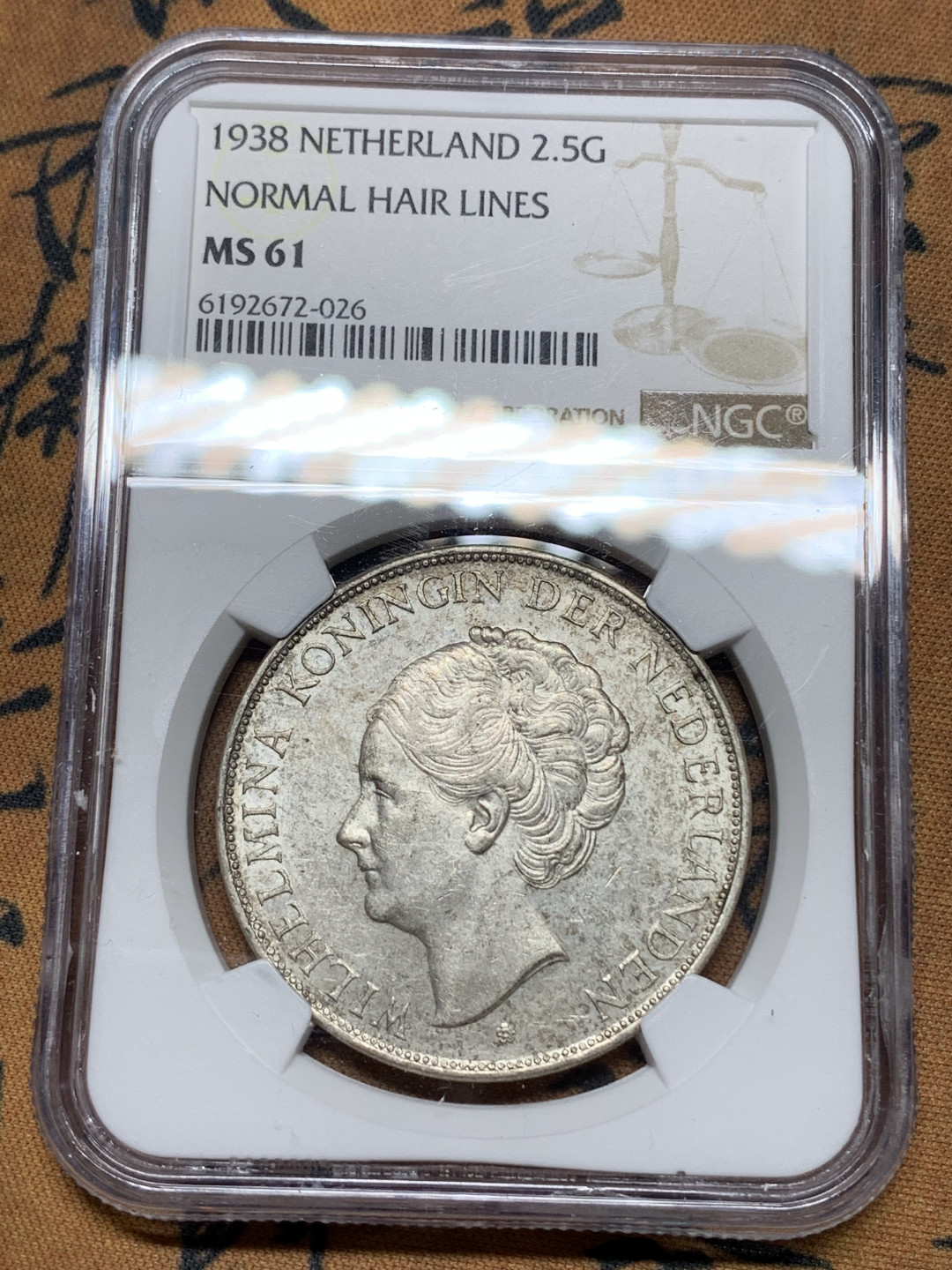 《竞宝斋》钱币微拍-第24场-本周日，周一2场连拍（全场顺丰包邮） NGC-MS61 荷兰 1938年 威廉米娜女王 2.5盾 大银币 原光好品
