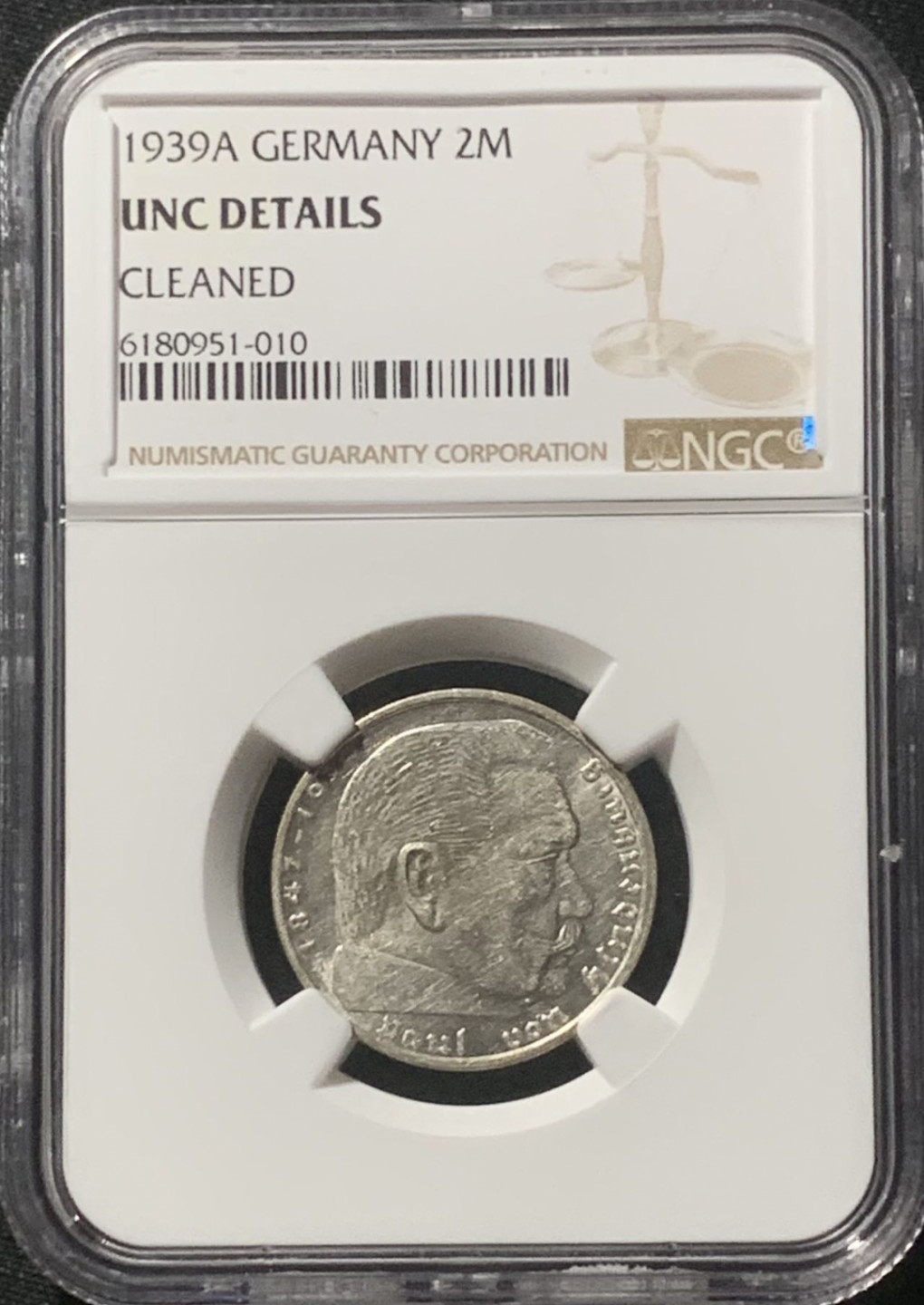 紫瑗钱币——第162期拍卖 德国 1939年 A版 兴登堡 字符版 2马克 银币 NGC UNC Detail