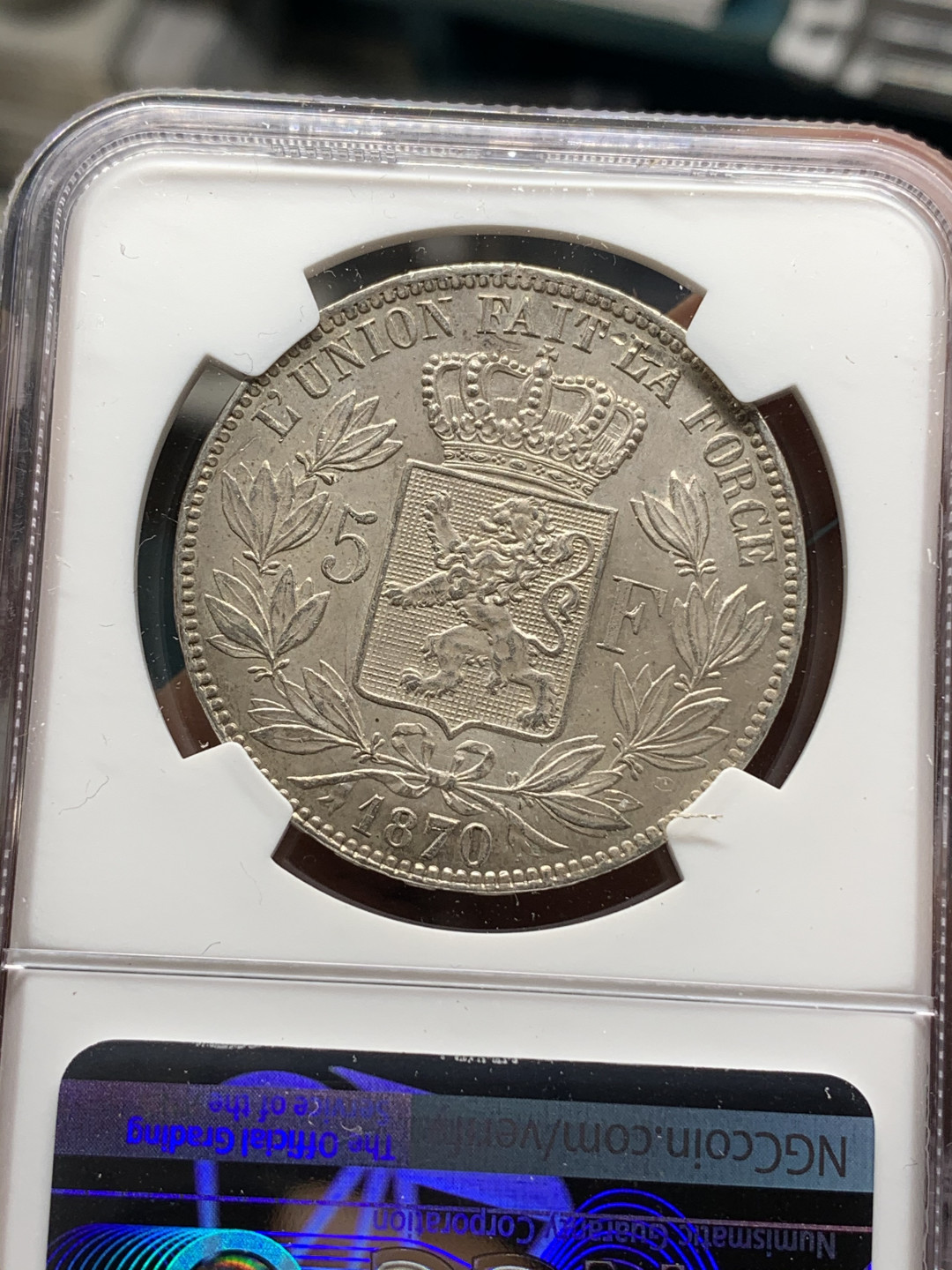 《竞宝斋》钱币微拍-第24场-本周日，周一2场连拍（全场顺丰包邮） NGC-MS62 比利时 1870年 利奥波德二世 5法郎 大银币 原光好品 这样的分数也难找了