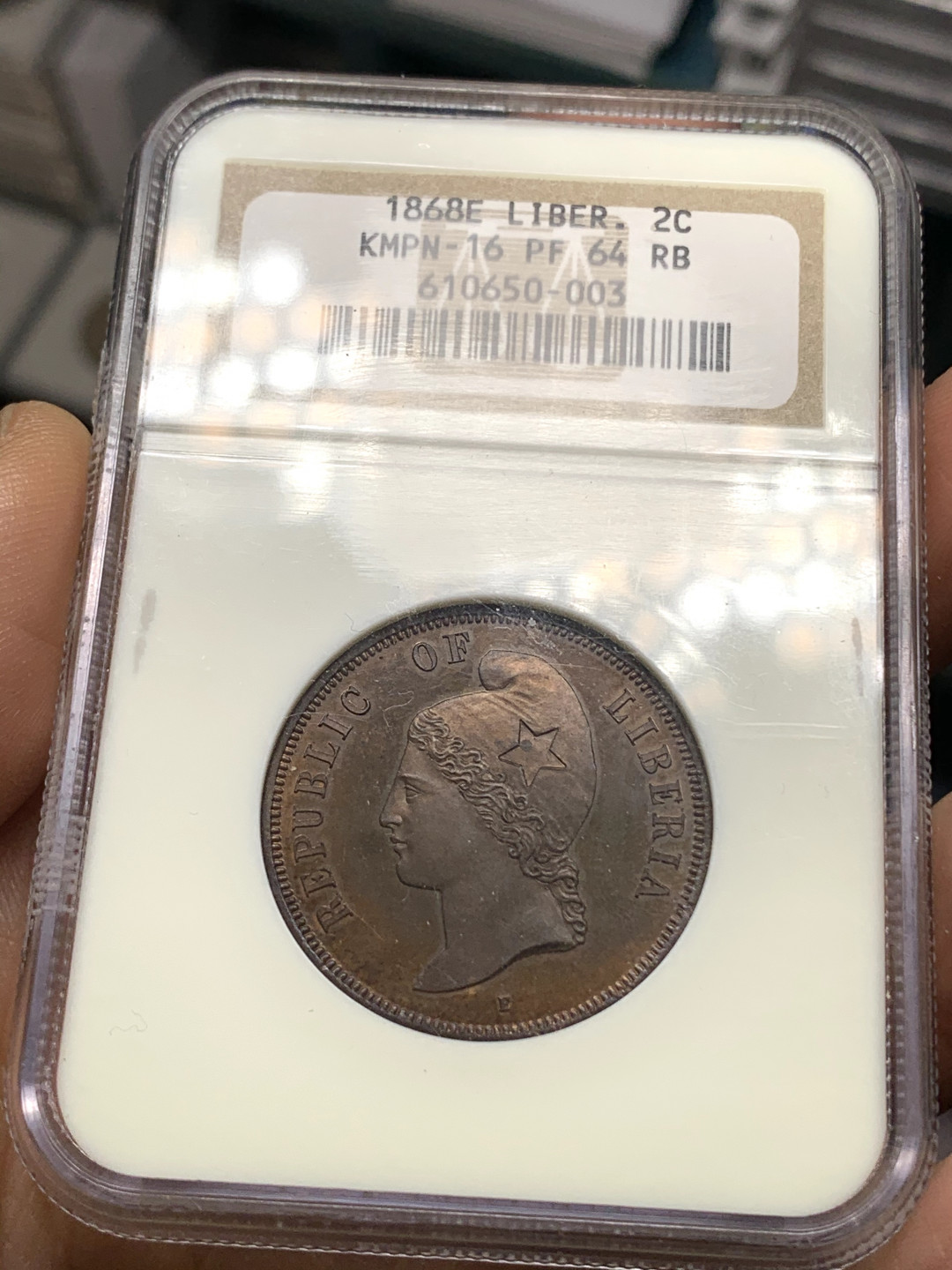 《竞宝斋》钱币微拍-第24场-本周日，周一2场连拍（全场顺丰包邮） NGC-PF64 1868年利比里亚2分 自由女神 样币  银座11月不含手续费440USD 亚军分
