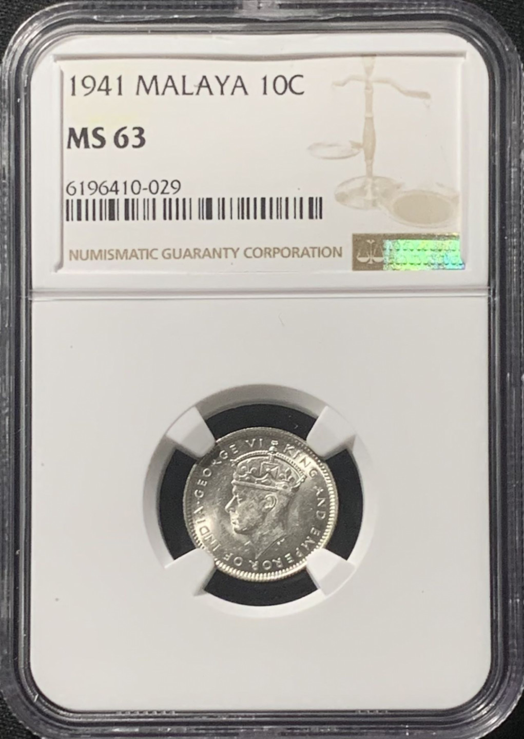 紫瑗钱币——第162期拍卖 马来亚 1941年 乔治六世 10分 银币 NGC MS63