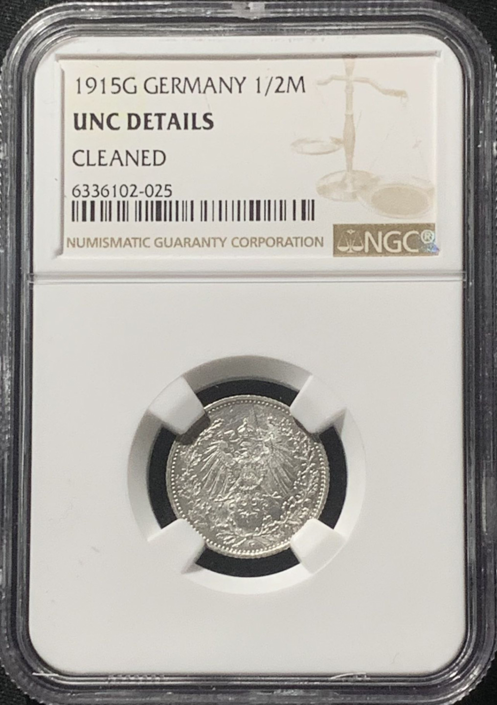 紫瑗钱币——第162期拍卖 德国 1915年 G版 第二帝国 1/2马克 银币 NGC UNC Detail