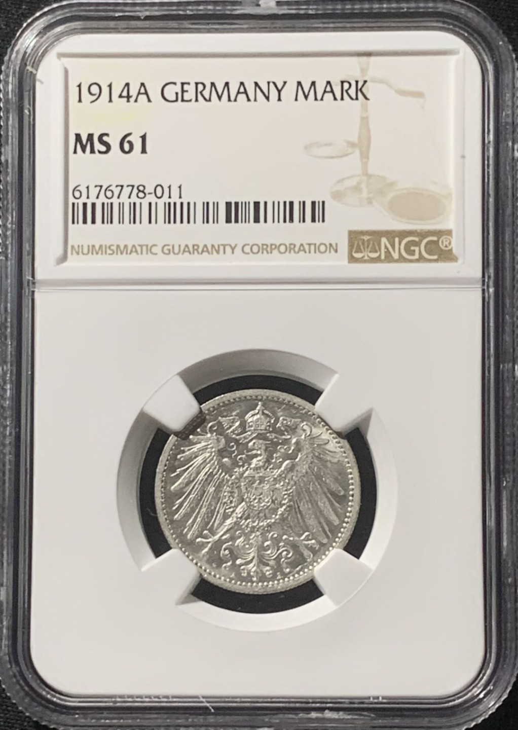 紫瑗钱币——第162期拍卖 德国 1914年 A版 第二帝国 长翅 1马克 银币 NGC MS61