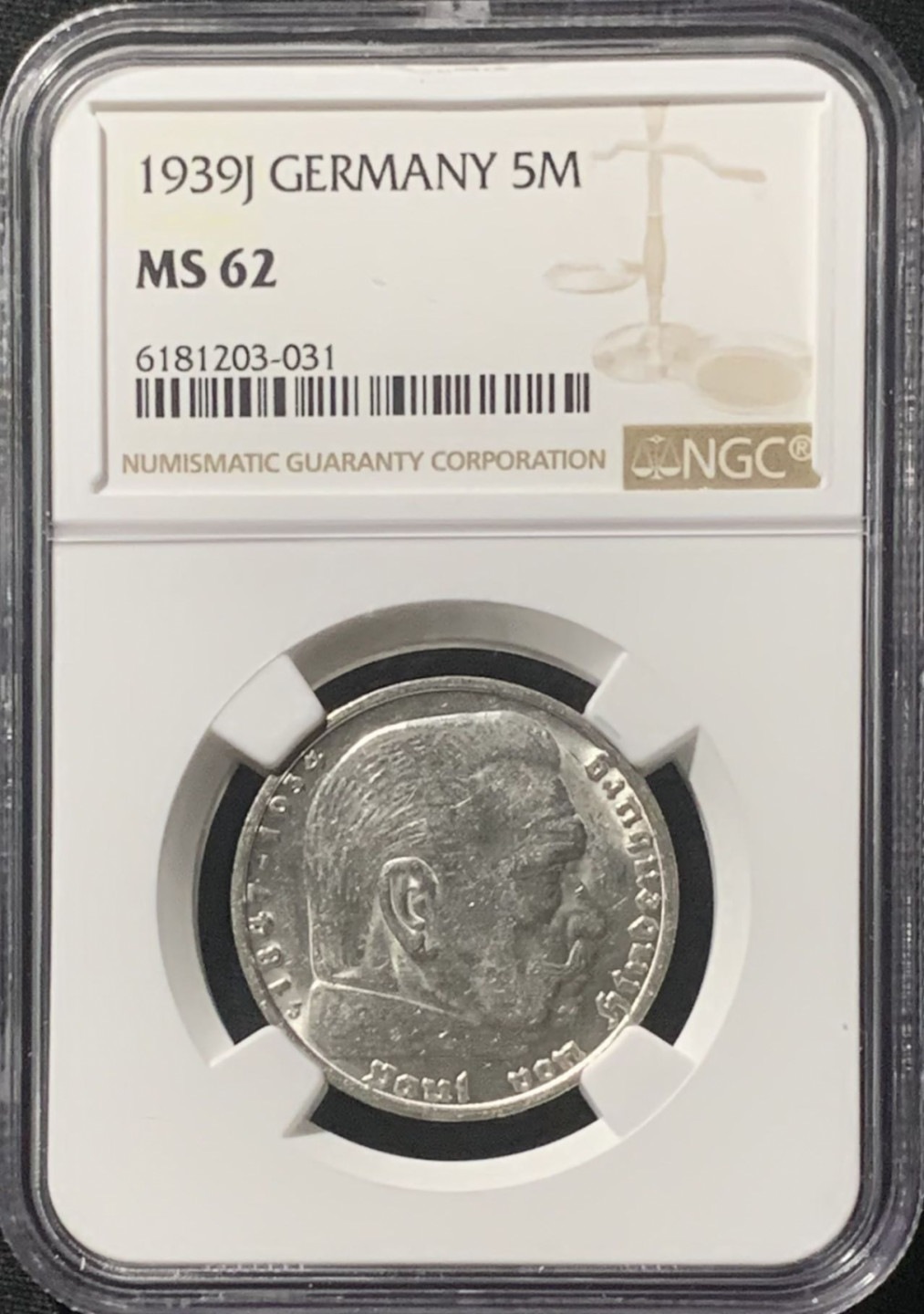 紫瑗钱币——第162期拍卖 德国 1939年 J版 兴登堡 字符版 5马克 银币 NGC MS62
