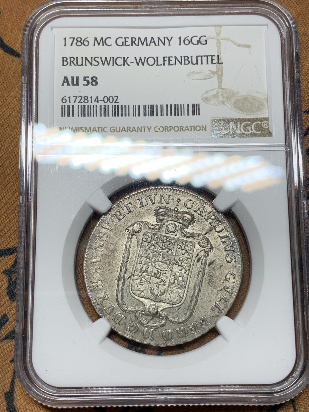 《竞宝斋》钱币微拍-第24场-本周日，周一2场连拍（全场顺丰包邮） NGC AU58德国不伦瑞克1786年16格罗申银币 ngc低评，细节不输ms品