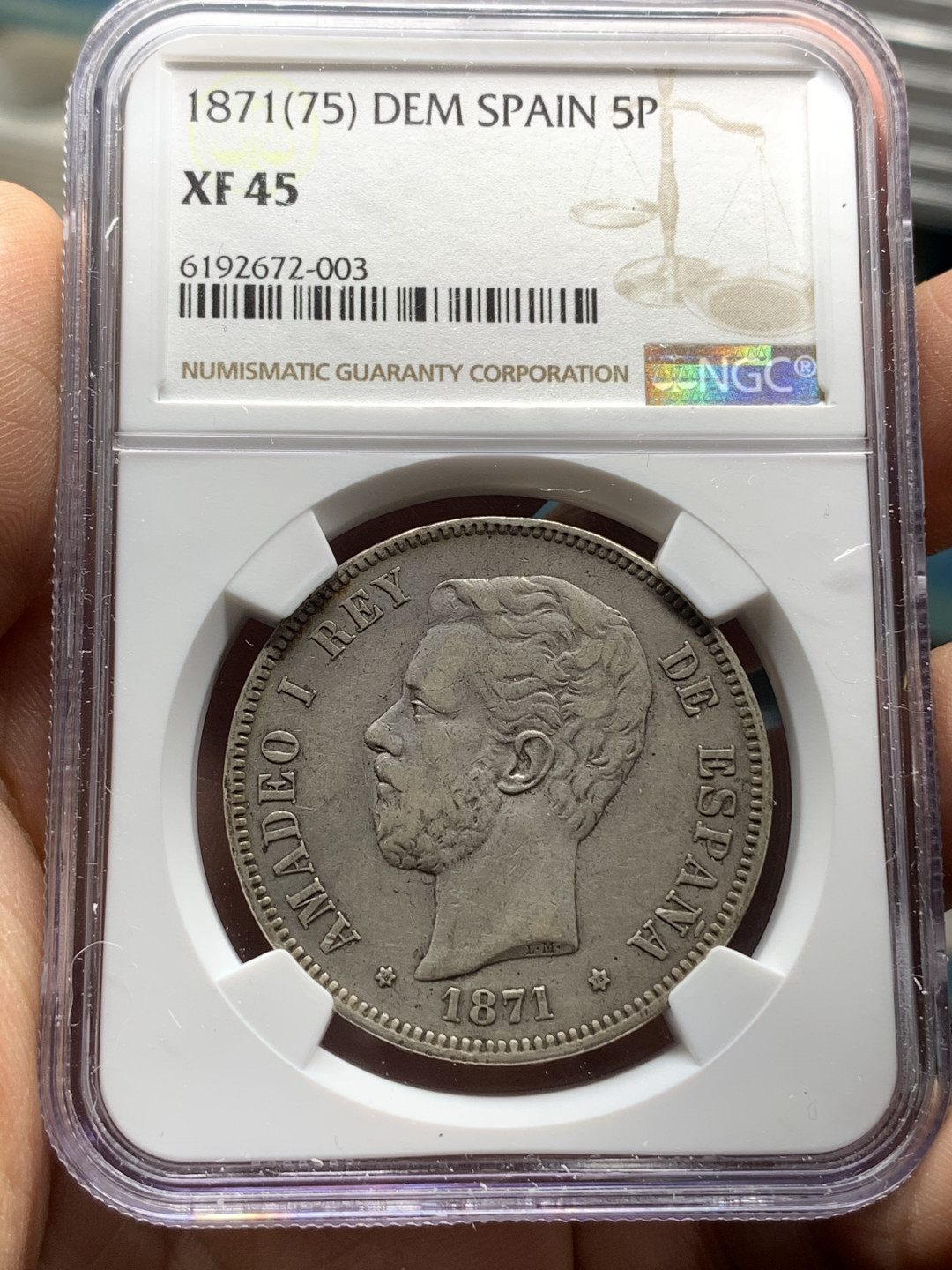 《竞宝斋》钱币微拍-第24场-本周日，周一2场连拍（全场顺丰包邮） NGC-XF45 西班牙 1871年(75) 老人头 5比塞塔 大银币 75是稀少的年份