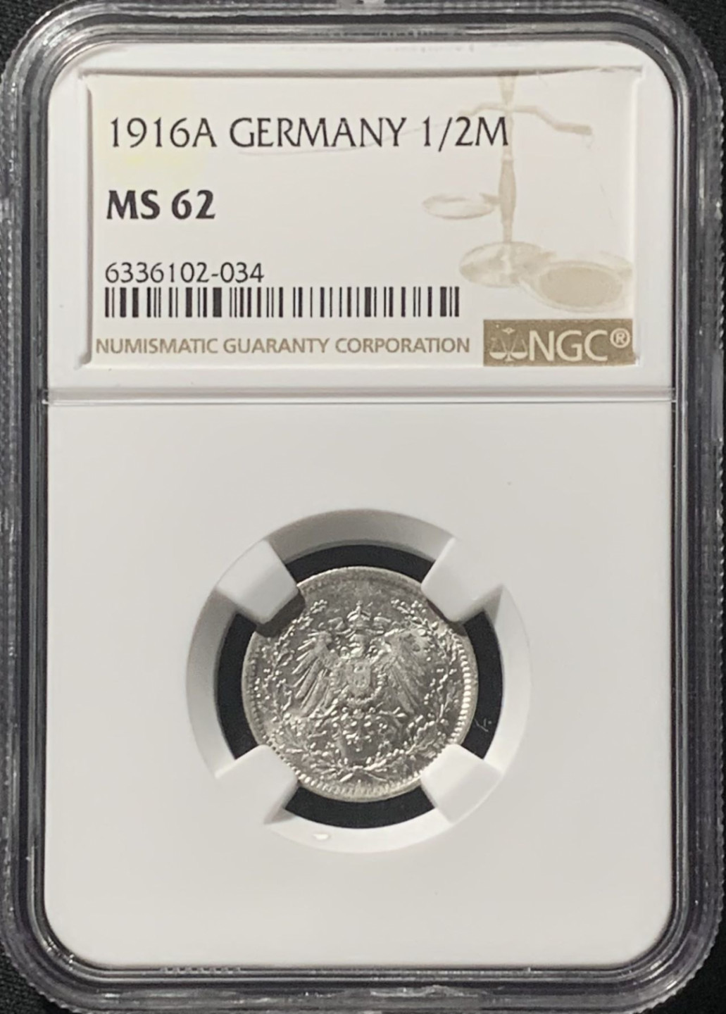 紫瑗钱币——第162期拍卖 德国 1916年 A版 第二帝国 1/2马克 银币 NGC MS62