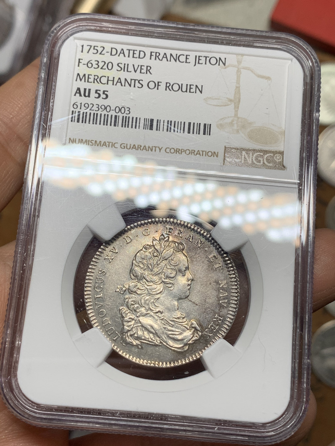 《竞宝斋》钱币微拍-第24场-本周日，周一2场连拍（全场顺丰包邮） NGC-AU55 法国1719年 路易十五 鲁昂商人JETON 圆形银币 出分不易
