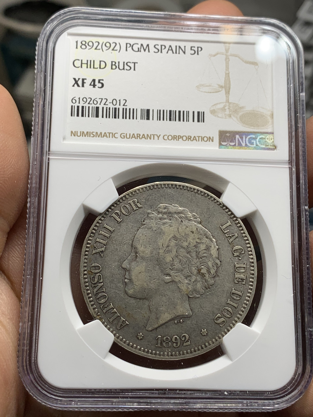 《竞宝斋》钱币微拍-第24场-本周日，周一2场连拍（全场顺丰包邮） NGC-XF45 西班牙 1892年 阿方索十三世爆炸头 5比塞塔双柱银币  原味好品