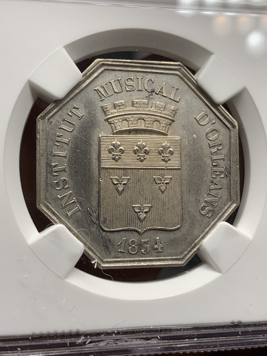 《竞宝斋》钱币微拍-第24场-本周日，周一2场连拍（全场顺丰包邮） NGC-UNC 法国 1854年 奥尔良音乐学院 JETON 八角银币 一流的状态