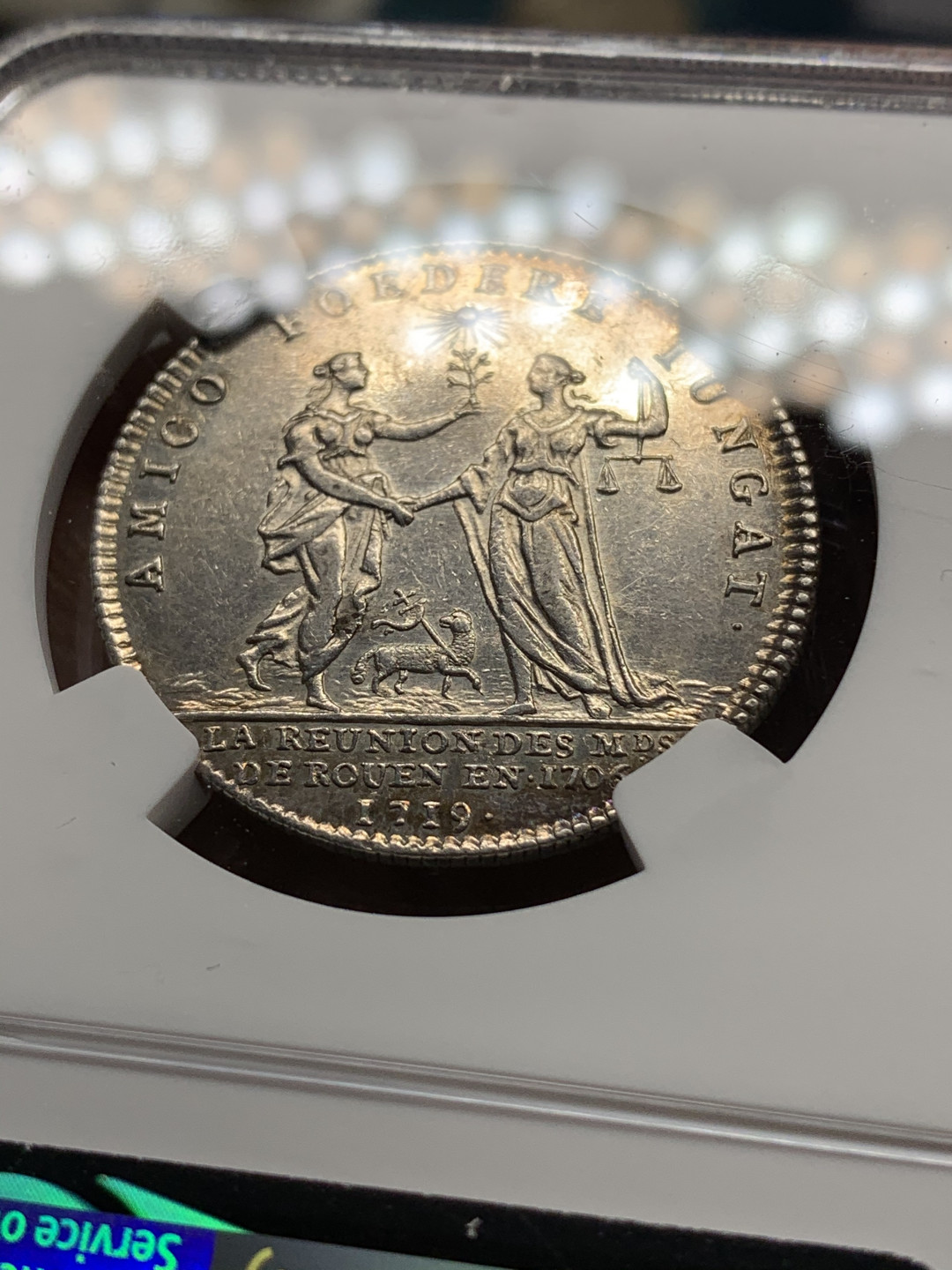 《竞宝斋》钱币微拍-第24场-本周日，周一2场连拍（全场顺丰包邮） NGC-AU55 法国1719年 路易十五 鲁昂商人JETON 圆形银币 出分不易