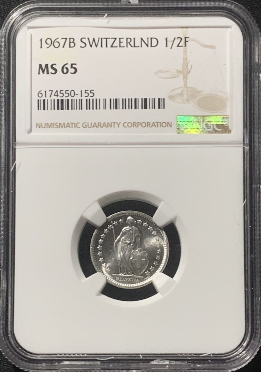 紫瑗钱币——第162期拍卖 瑞士 1967年 赫尔维蒂亚 1/2法郎 银币 NGC MS65