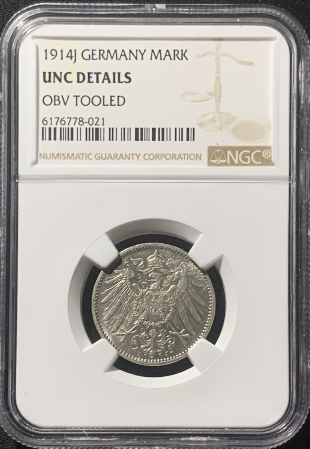 紫瑗钱币——第162期拍卖 德国 1914年 J版 第二帝国 长翅 1马克 银币 NGC UNC Detail