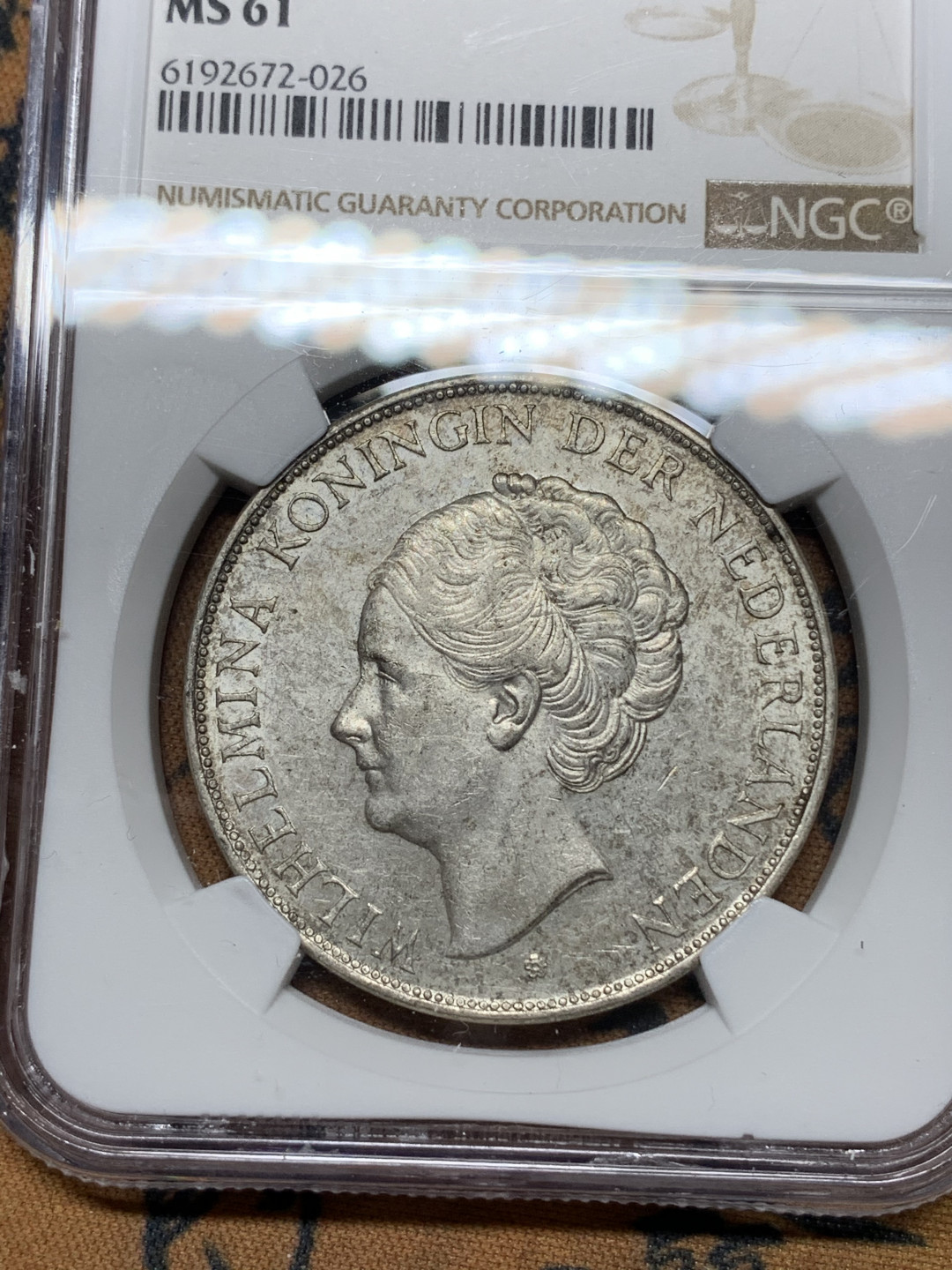 《竞宝斋》钱币微拍-第24场-本周日，周一2场连拍（全场顺丰包邮） NGC-MS61 荷兰 1938年 威廉米娜女王 2.5盾 大银币 原光好品