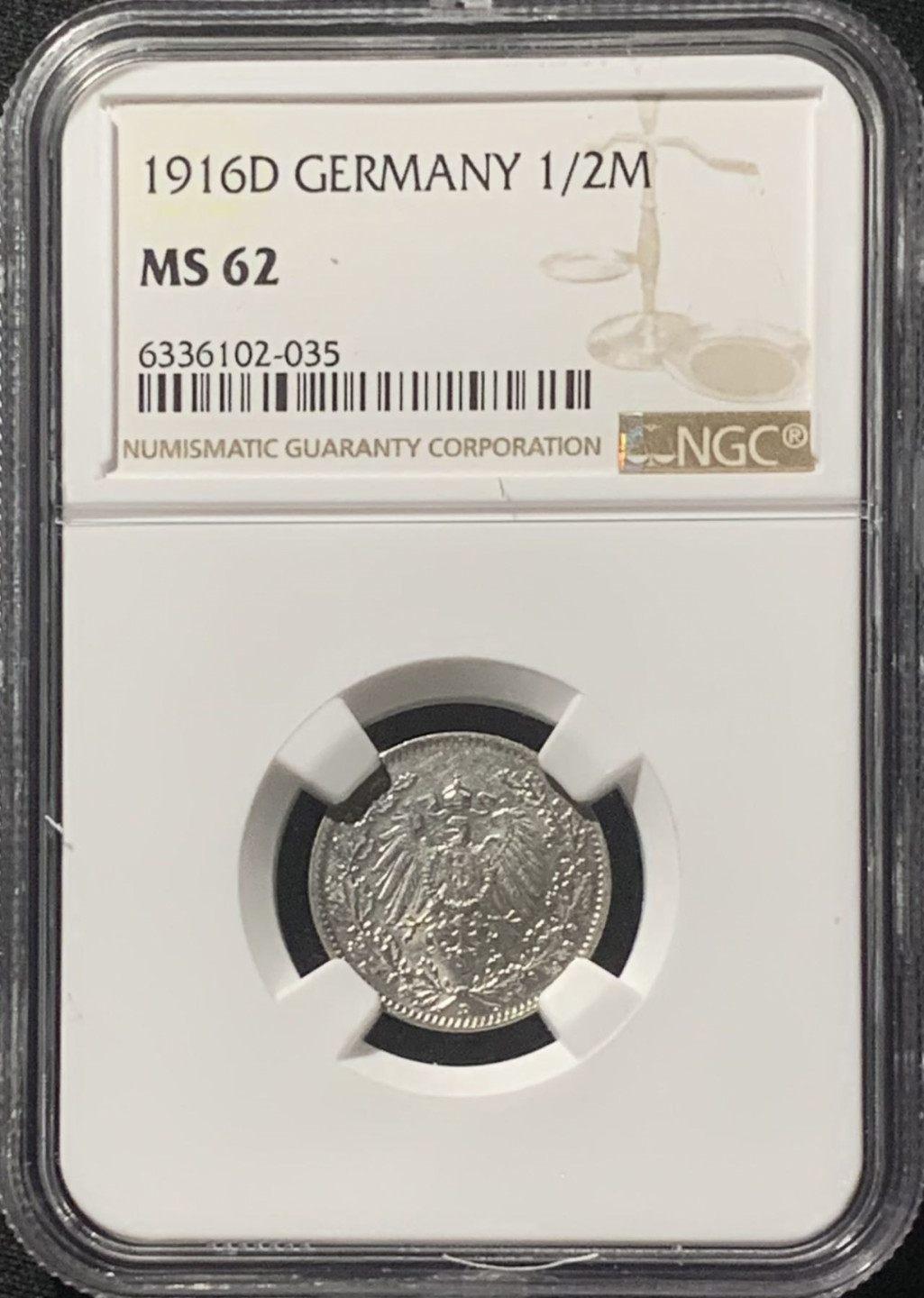 紫瑗钱币——第162期拍卖 德国 1916年 D版 第二帝国 1/2马克 银币 NGC MS62