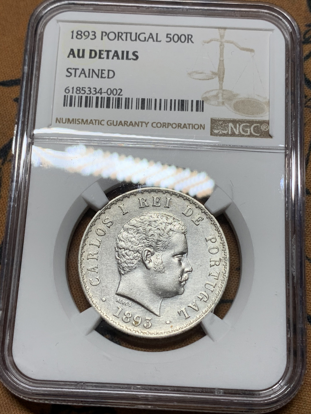 《竞宝斋》钱币微拍-第24场-本周日，周一2场连拍（全场顺丰包邮） NGC 评级 葡萄牙1893年 卡洛斯一世 500瑞斯 银币 半元型 发丝清晰 正面光度十足背面原味包浆