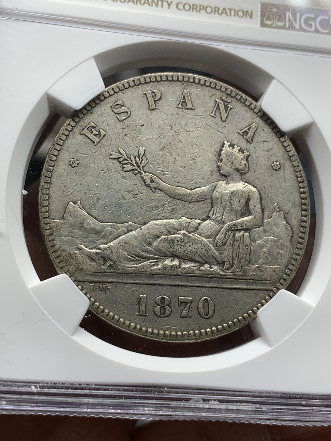 《竞宝斋》钱币微拍-第24场-本周日，周一2场连拍（全场顺丰包邮） NGC-VF 西班牙 1870年 双柱拿花 5比塞塔大银币 品相不错了