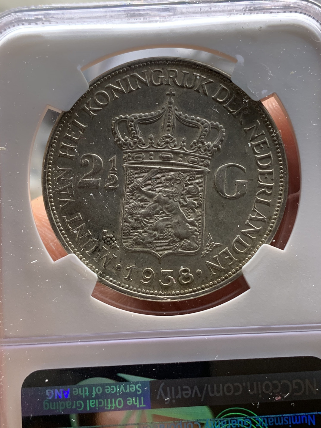 《竞宝斋》钱币微拍-第24场-本周日，周一2场连拍（全场顺丰包邮） NGC-MS61 荷兰 1938年 威廉米娜女王 2.5盾 大银币 原光好品