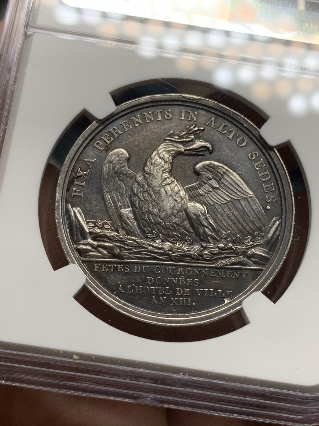 《竞宝斋》钱币微拍-第24场-本周日，周一2场连拍（全场顺丰包邮） NGC-AU 法国拿破仑一世 1805年 巴黎加冕典礼 背面是雄鹰 银章 稀少品种