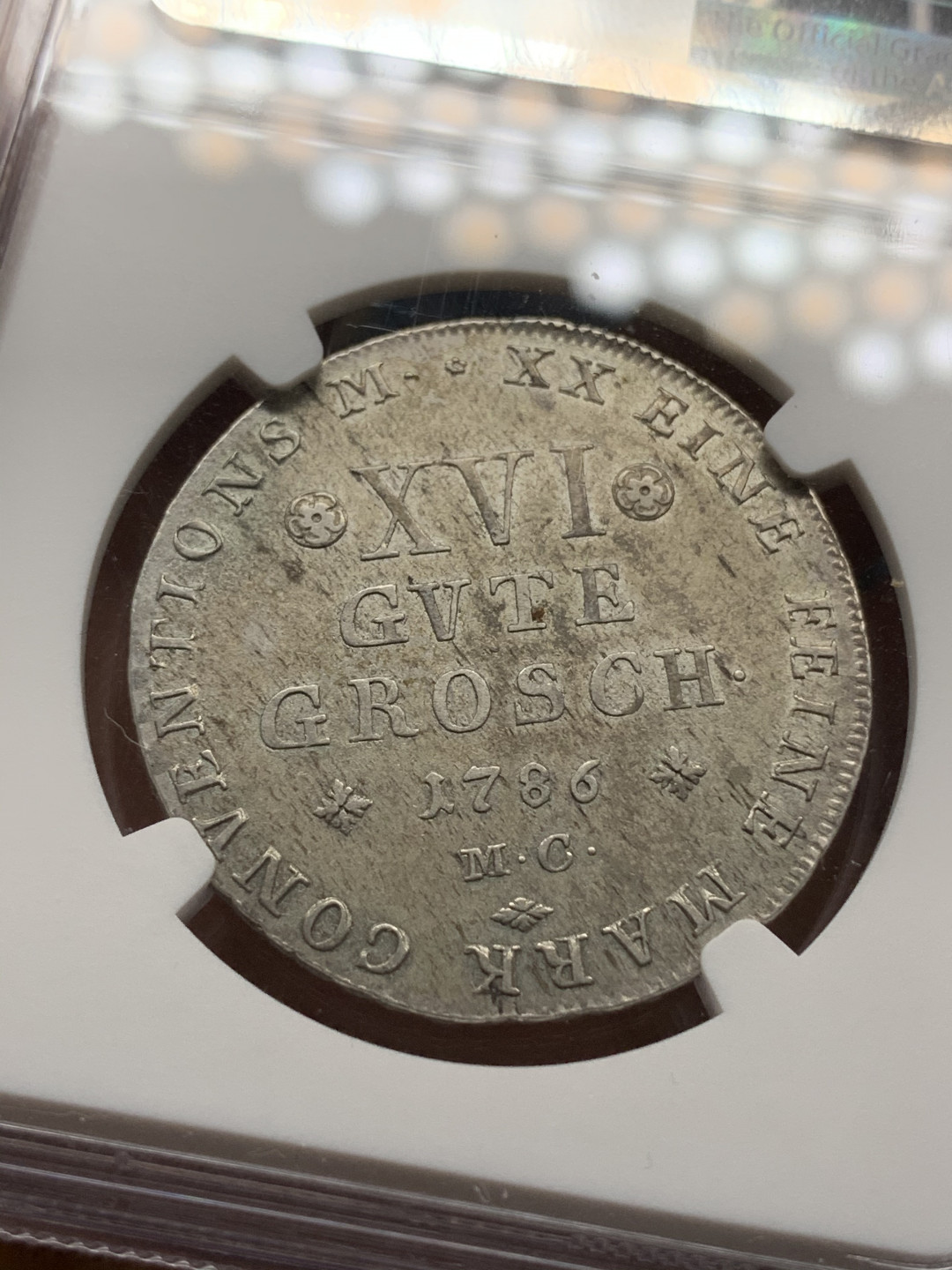 《竞宝斋》钱币微拍-第24场-本周日，周一2场连拍（全场顺丰包邮） NGC AU58德国不伦瑞克1786年16格罗申银币 ngc低评，细节不输ms品