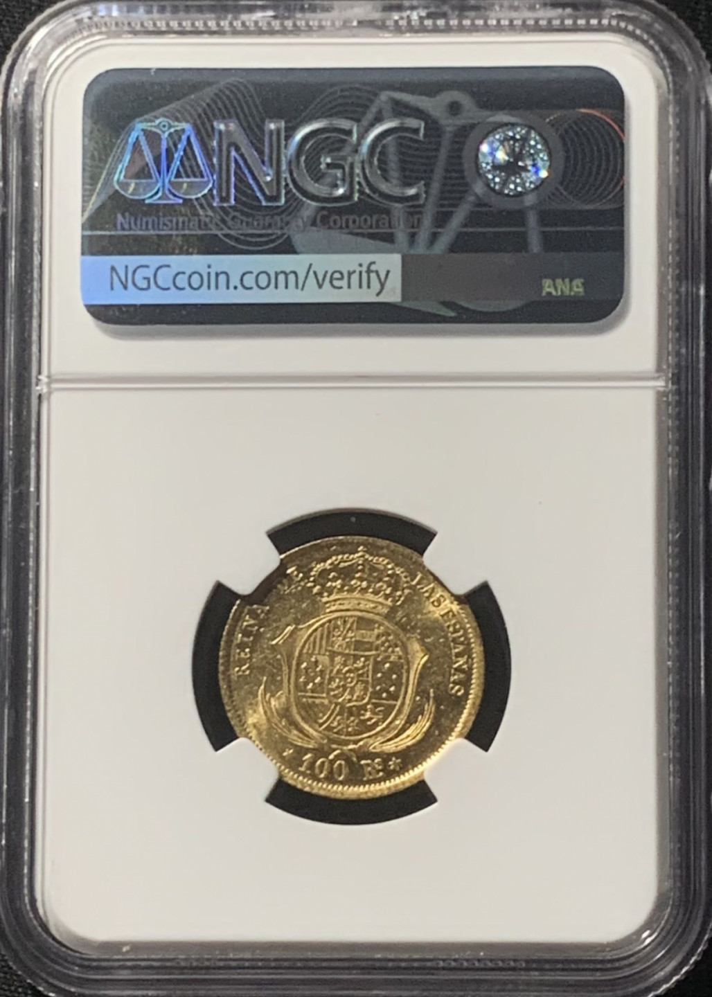 紫瑗钱币——第162期拍卖 西班牙 1854年 伊莎贝拉二世 马德里 100里亚尔 金币 NGC AU55