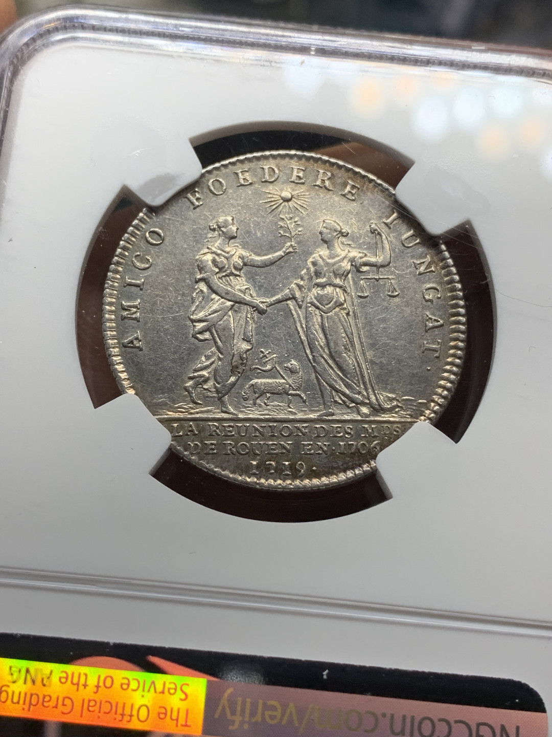 《竞宝斋》钱币微拍-第24场-本周日，周一2场连拍（全场顺丰包邮） NGC-AU55 法国1719年 路易十五 鲁昂商人JETON 圆形银币 出分不易