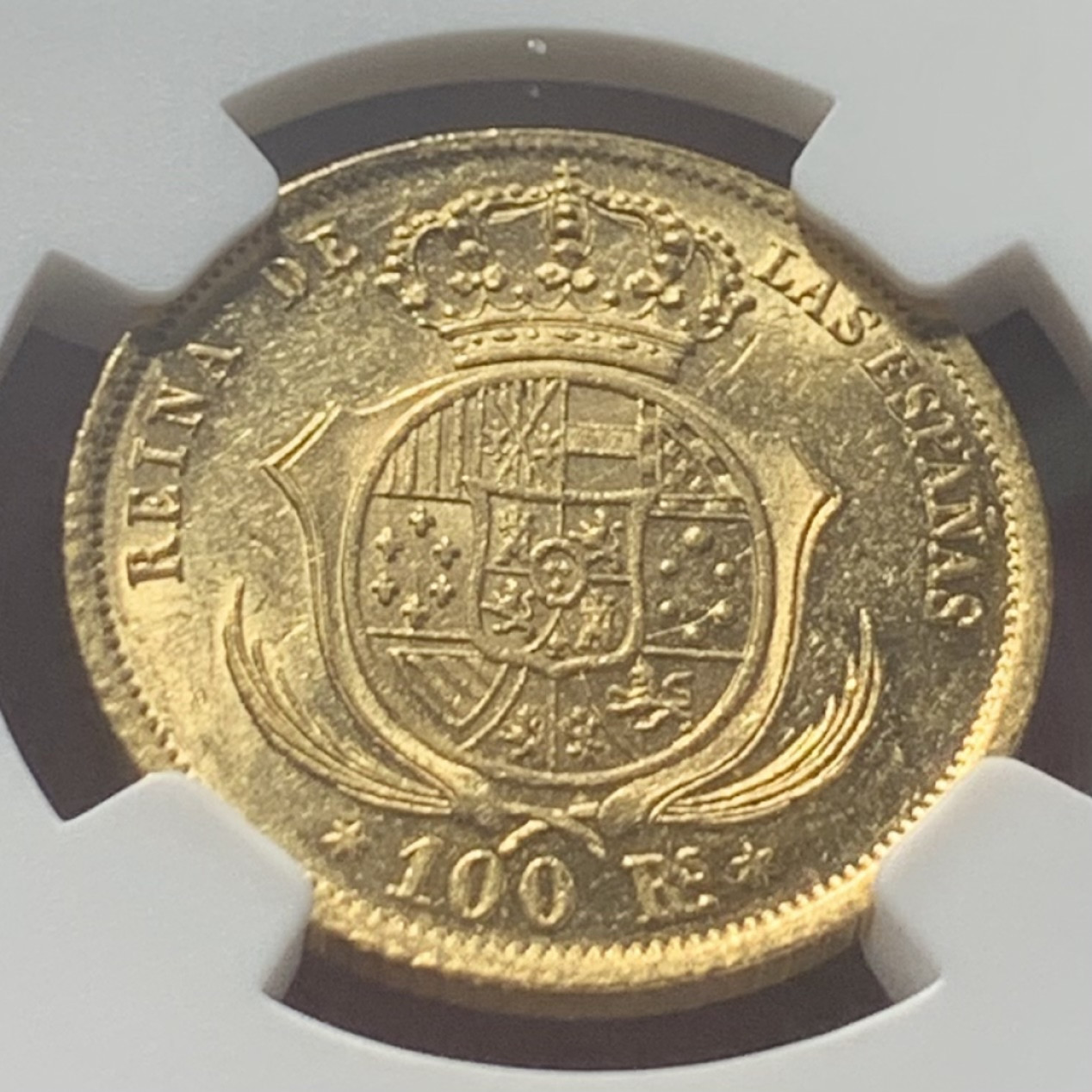 紫瑗钱币——第162期拍卖 西班牙 1854年 伊莎贝拉二世 马德里 100里亚尔 金币 NGC AU55