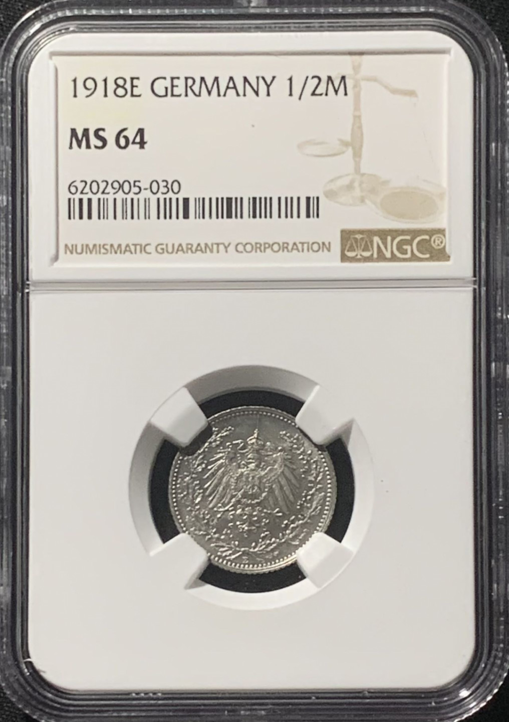 紫瑗钱币——第162期拍卖 德国 1918年 E版 第二帝国 1/2马克 银币 NGC MS64