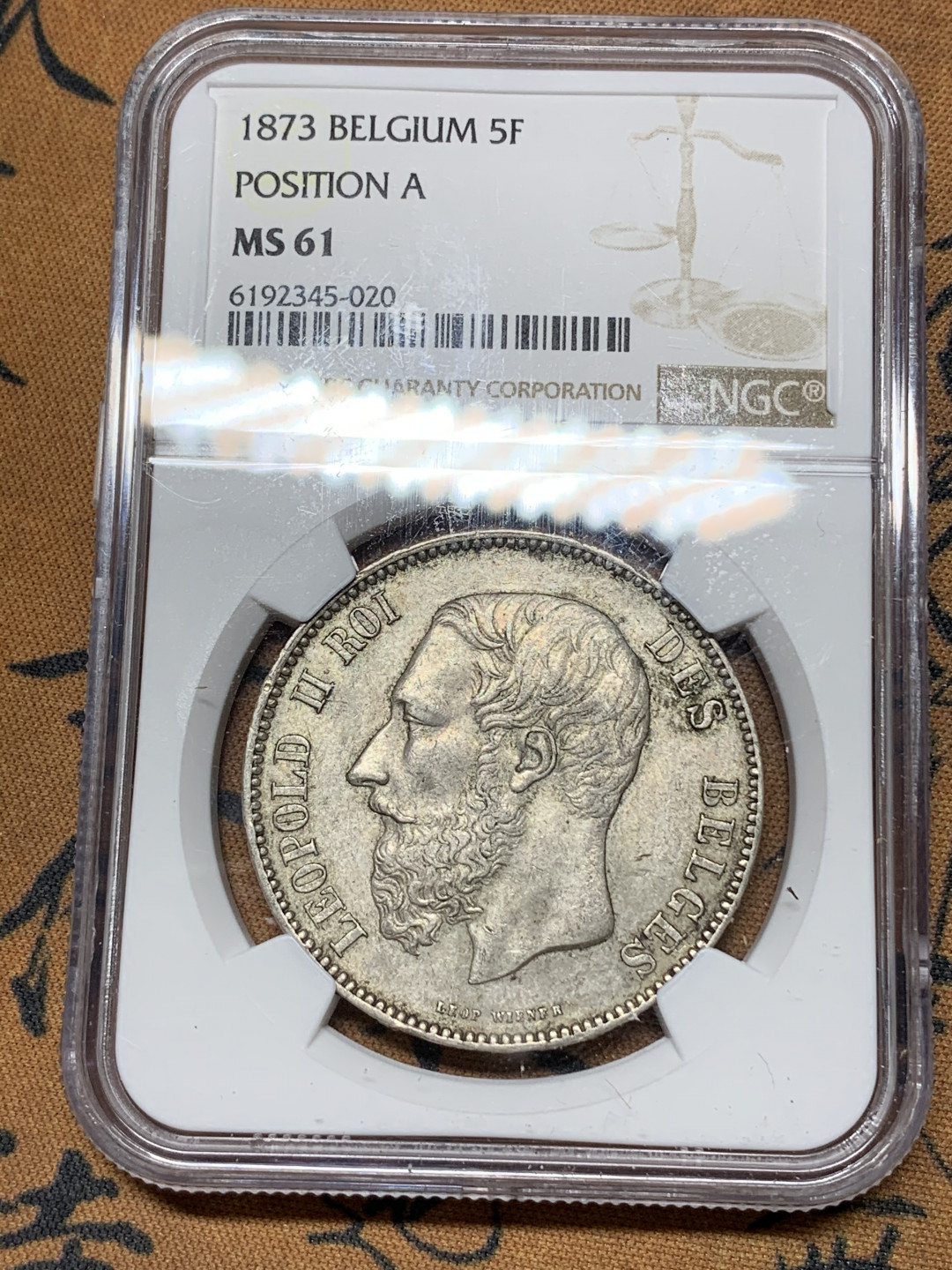 《竞宝斋》钱币微拍-第24场-本周日，周一2场连拍（全场顺丰包邮） NGC-MS61 1873年比利时 利奥波德二世 原味