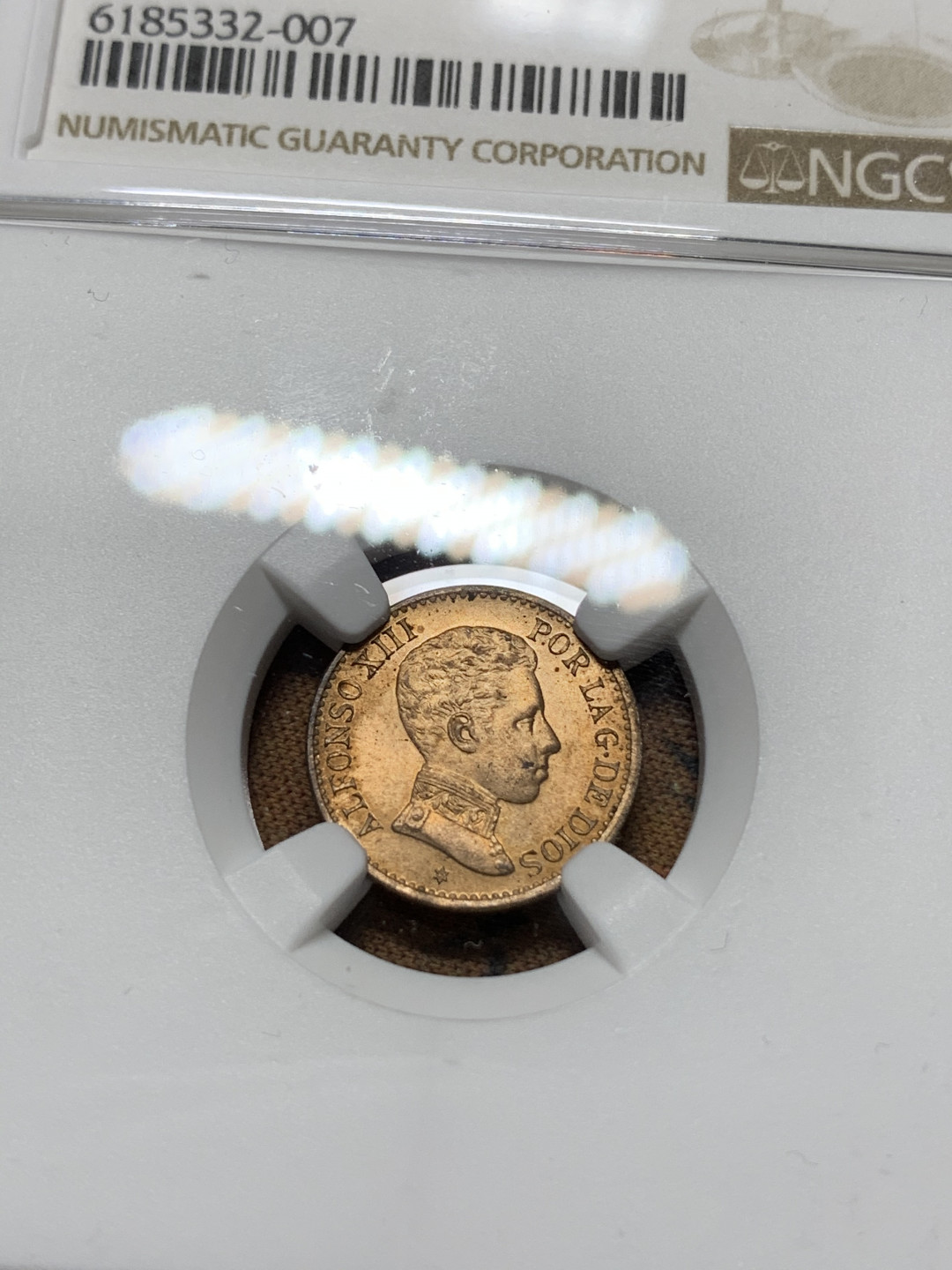 《竞宝斋》钱币微拍-第24场-本周日，周一2场连拍（全场顺丰包邮） NGC-MS63 RB 西班牙 1906年 阿方索十三世 1分铜币 无可挑剔的细节