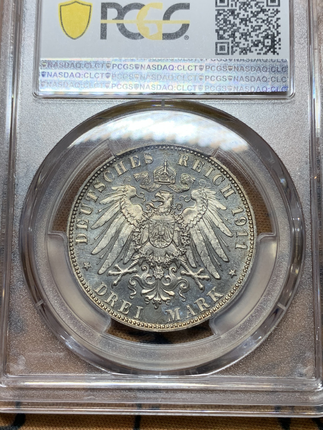 《竞宝斋》钱币微拍-第24场-本周日，周一2场连拍（全场顺丰包邮） PCGS-PF63 德国巴伐利亚 1911年 90大寿 3马克 PROOF精制银币 浓烈的金彩包浆