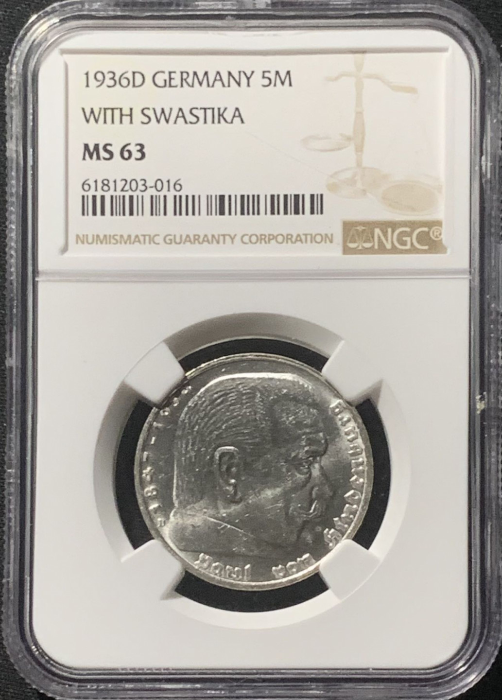 紫瑗钱币——第162期拍卖 德国 1936年 D版 兴登堡 字符版 5马克 银币 NGC MS63