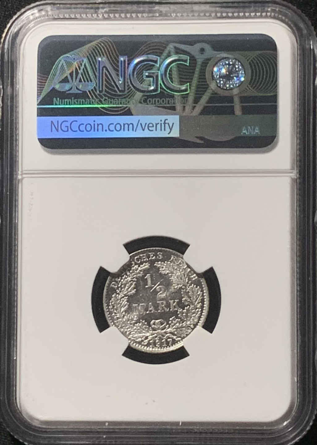 紫瑗钱币——第162期拍卖 德国 1917年 D版 第二帝国 1/2马克 银币 NGC MS62