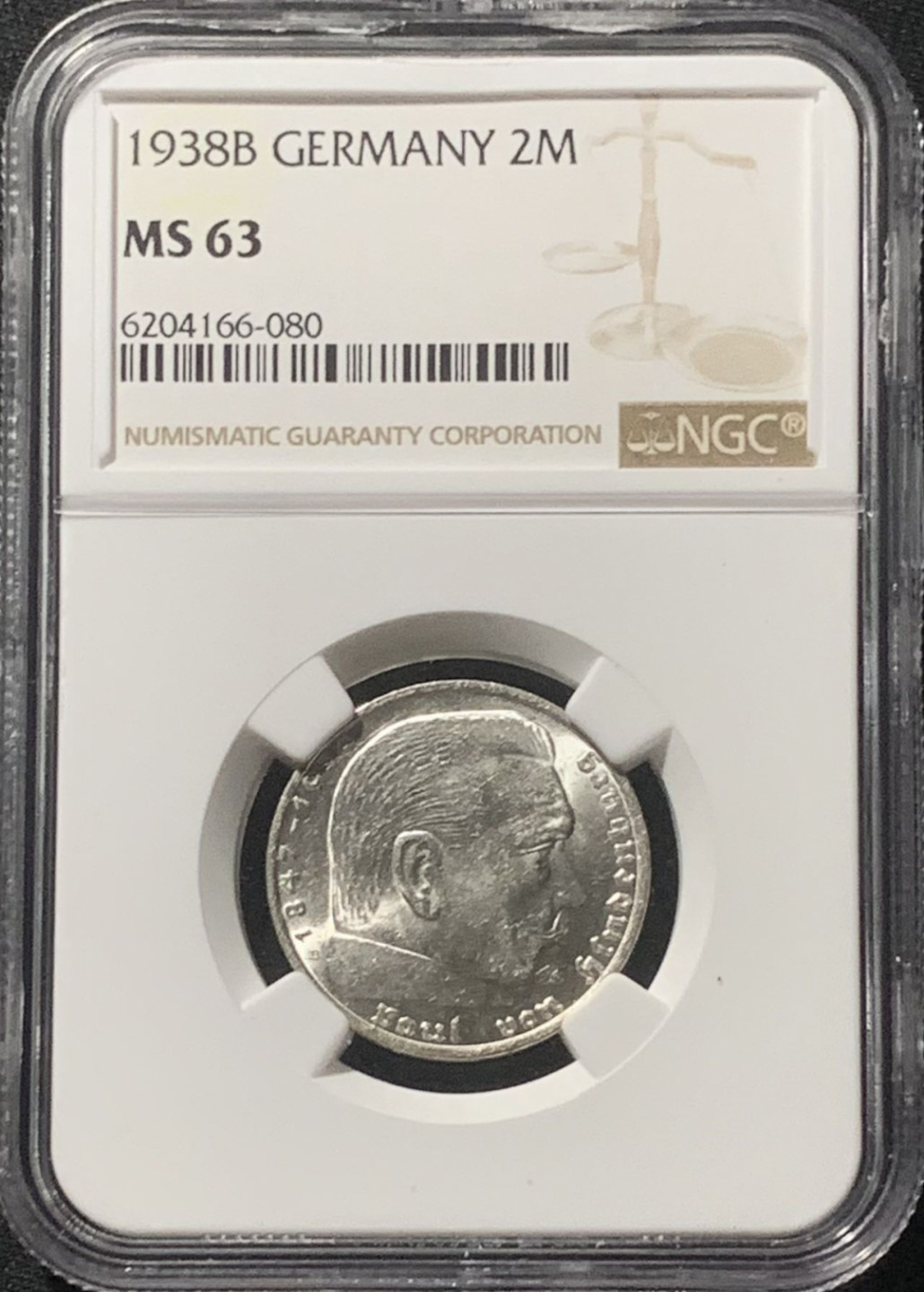 紫瑗钱币——第162期拍卖 德国 1938年 B版 兴登堡 字符版 2马克 银币 NGC MS63