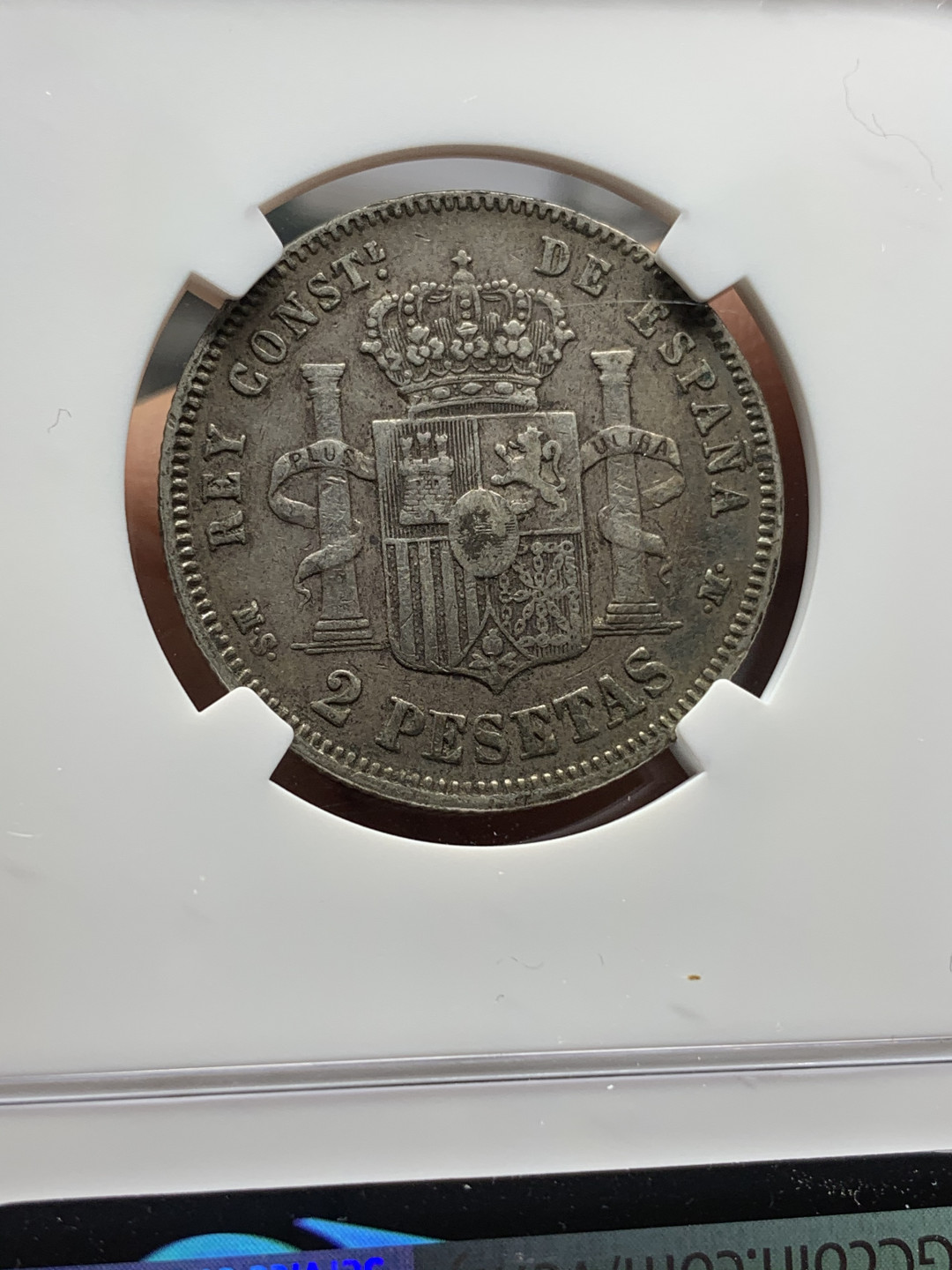 《竞宝斋》钱币微拍-第24场-本周日，周一2场连拍（全场顺丰包邮） NGC-XF40 西班牙 1883 阿方索十二世 2比塞塔 双柱银币 原味品 小豪子出分不易