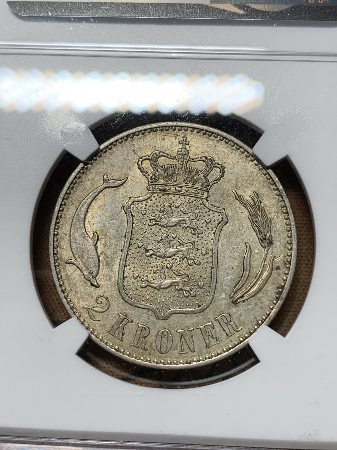 《竞宝斋》钱币微拍-第24场-本周日，周一2场连拍（全场顺丰包邮） NGC-UNC 丹麦 1899年 2克朗 银币 人像全发丝可见 海豚眼睛清晰 原味好品