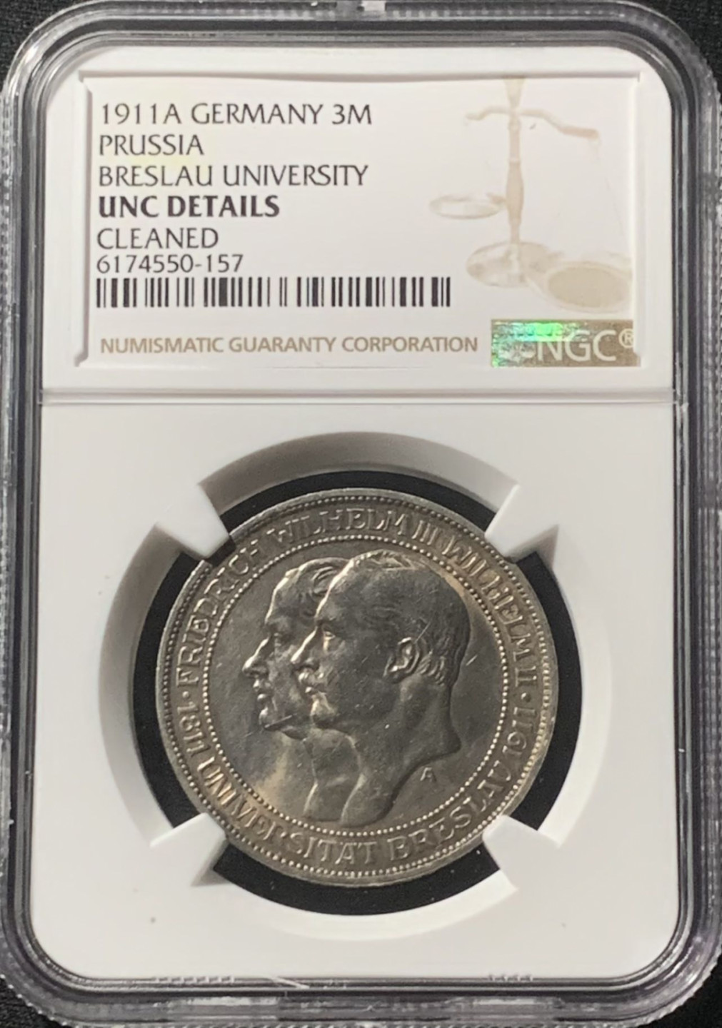 紫瑗钱币——第162期拍卖 德国 普鲁士 1911年 布雷斯劳大学 3马克 银币 NGC UNC Detail