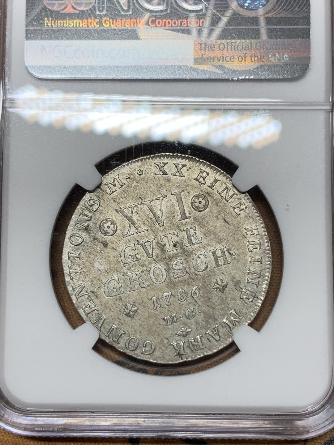《竞宝斋》钱币微拍-第24场-本周日，周一2场连拍（全场顺丰包邮） NGC AU58德国不伦瑞克1786年16格罗申银币 ngc低评，细节不输ms品