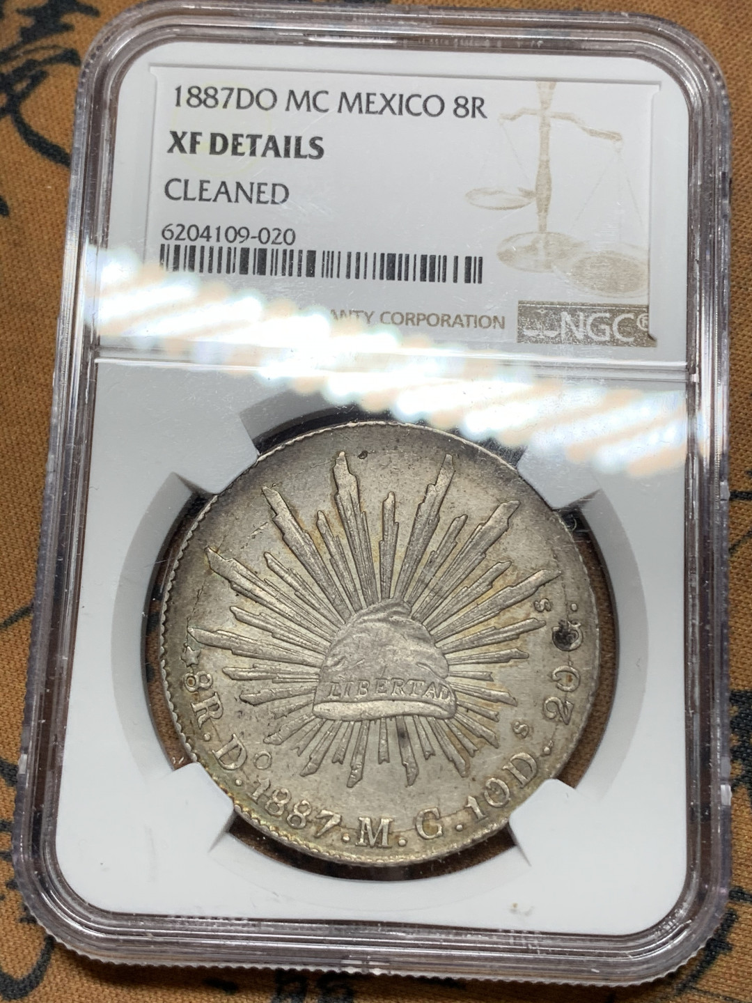 《竞宝斋》钱币微拍-第24场-本周日，周一2场连拍（全场顺丰包邮） NGC-XFD 1887 墨西哥鹰洋 8 里亚尔 杜兰戈厂  原味五彩 